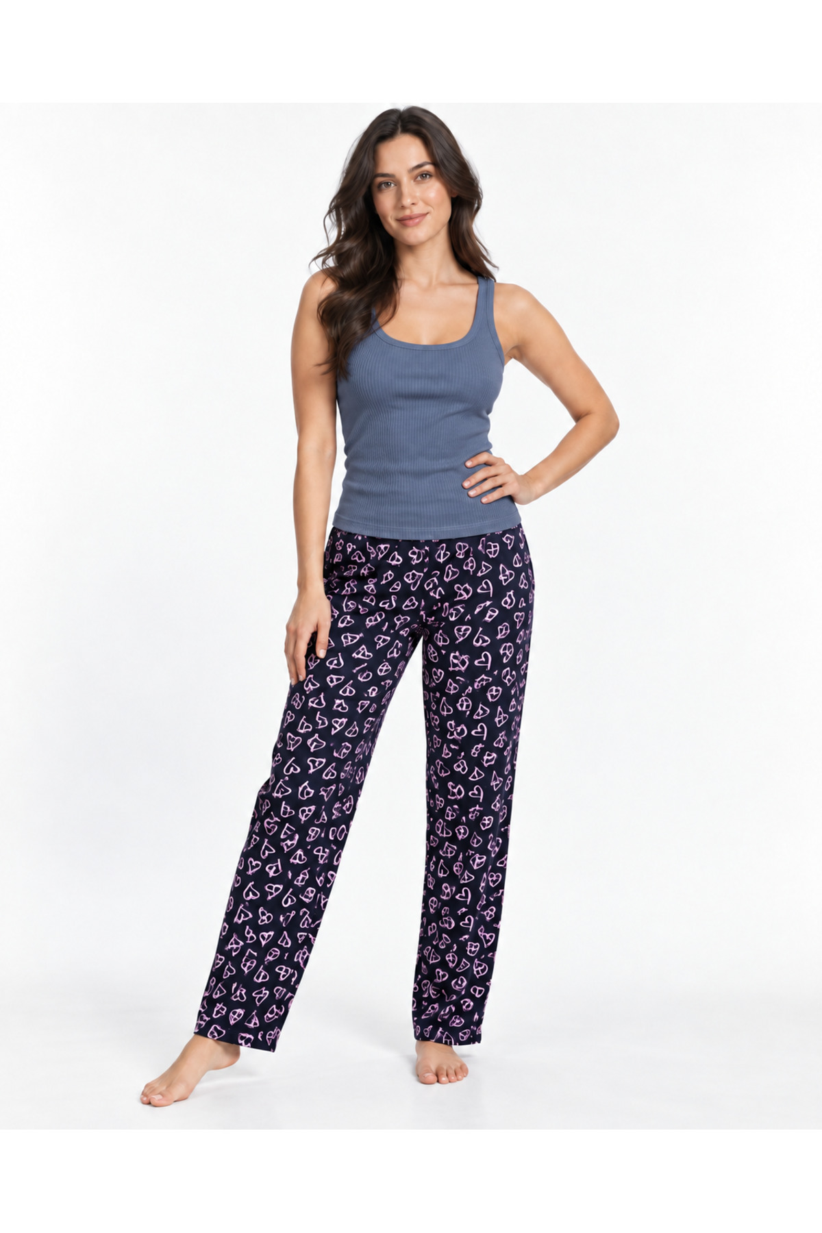 Kadın Çizgili Bluz Desenli Askılı Gri Pijama Takımı 5