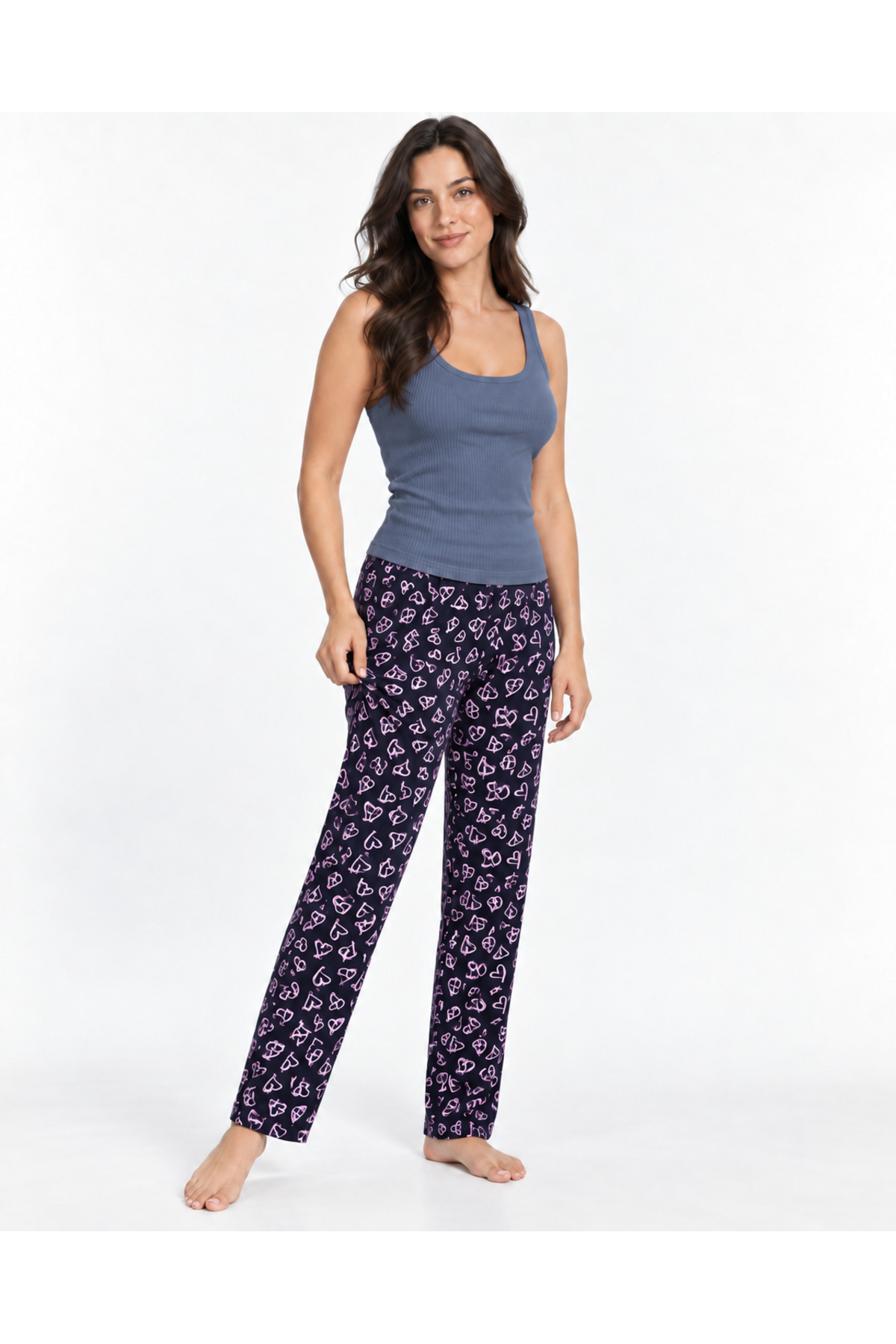 Kadın Çizgili Bluz Desenli Askılı Gri Pijama Takımı 3