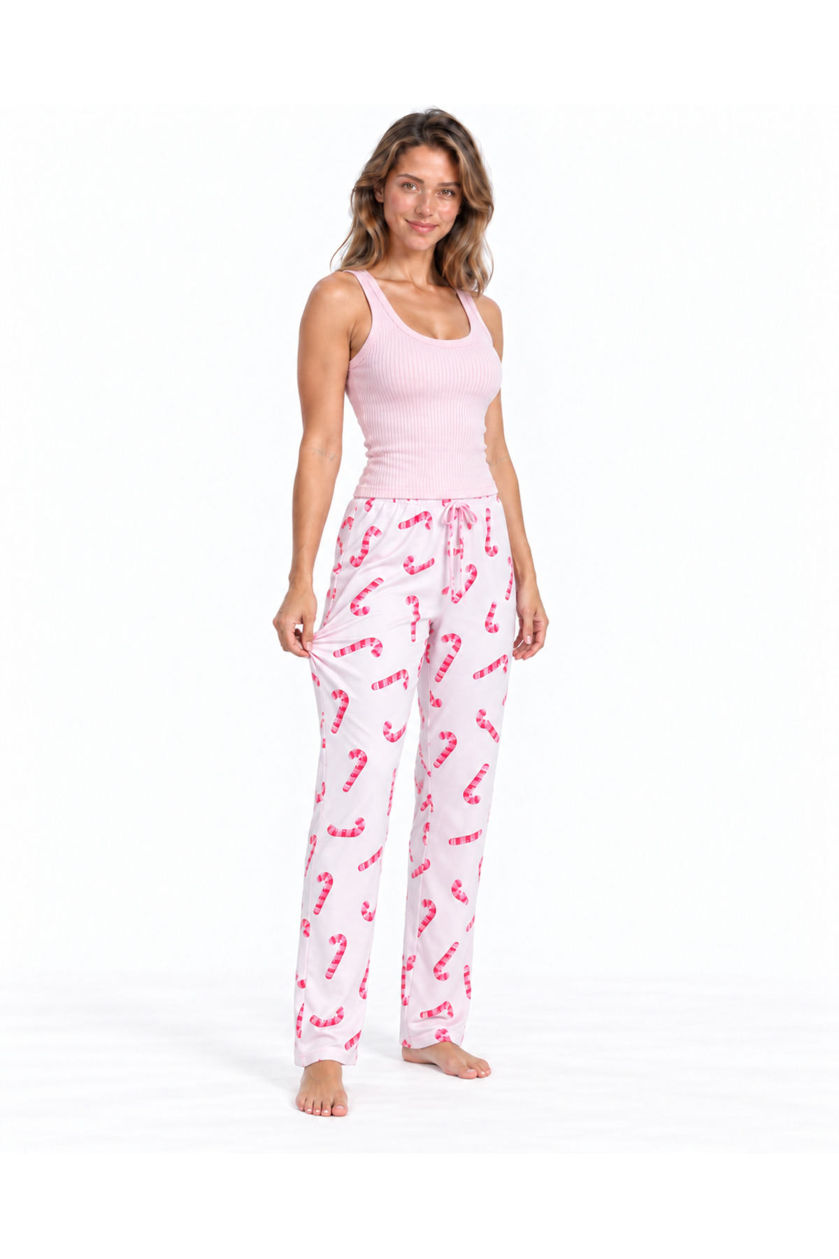 Kadın Çizgili Bluz Desenli Askılı Pembe Pijama Takımı 3