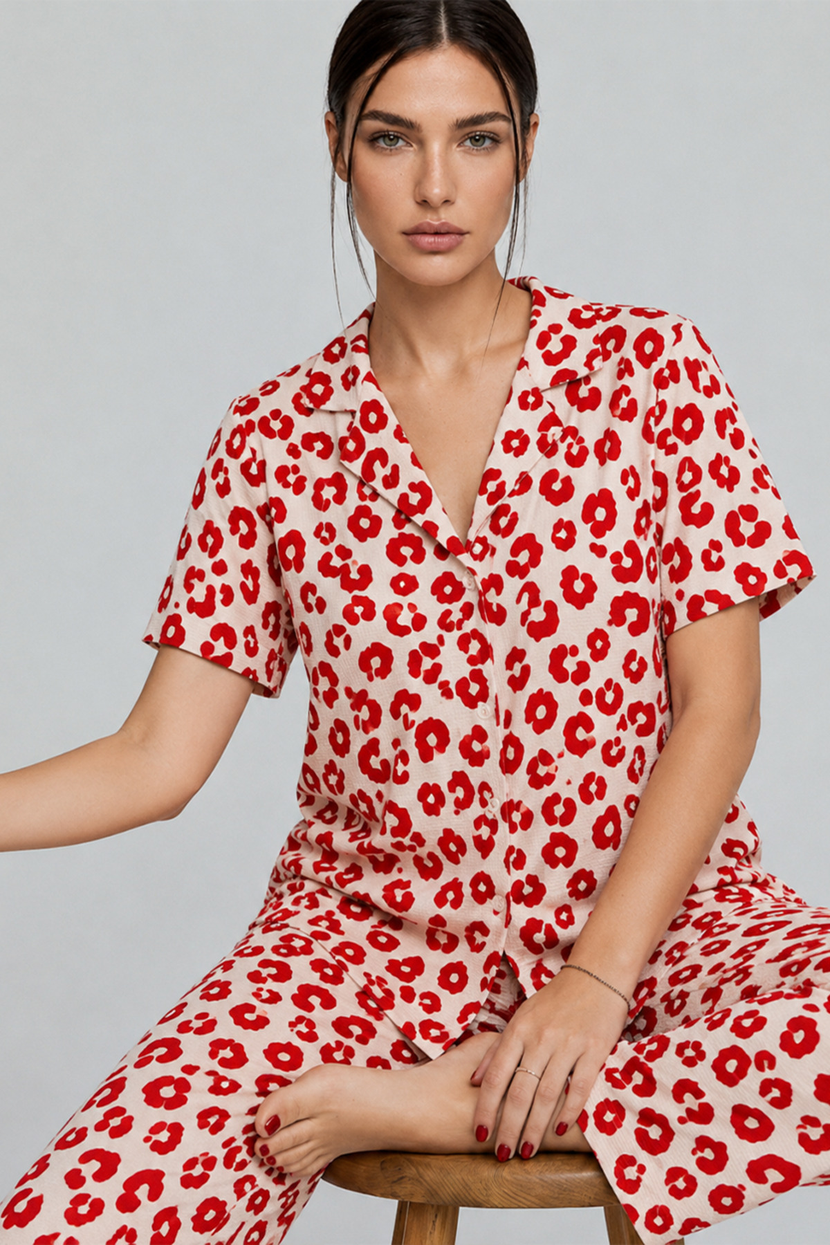 Kadın Kısa Kol Comfort Kırmızı Pijama Takımı 4725 5