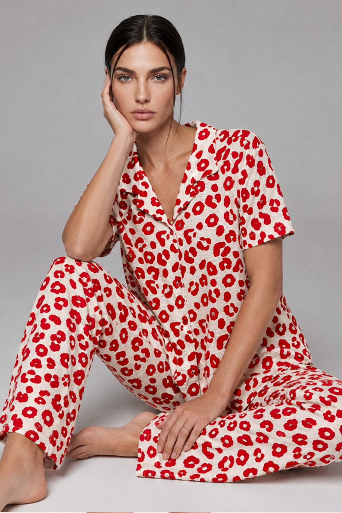 Kadın Kısa Kol Comfort Kırmızı Pijama Takımı 4725 4