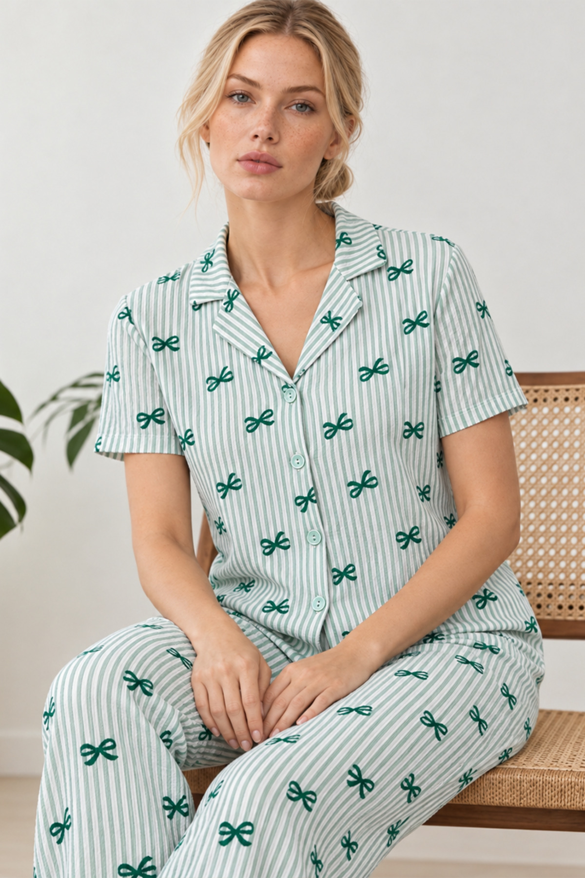 Kadın Desenli Yeşil Rahat Pijama Takımı 4800 5