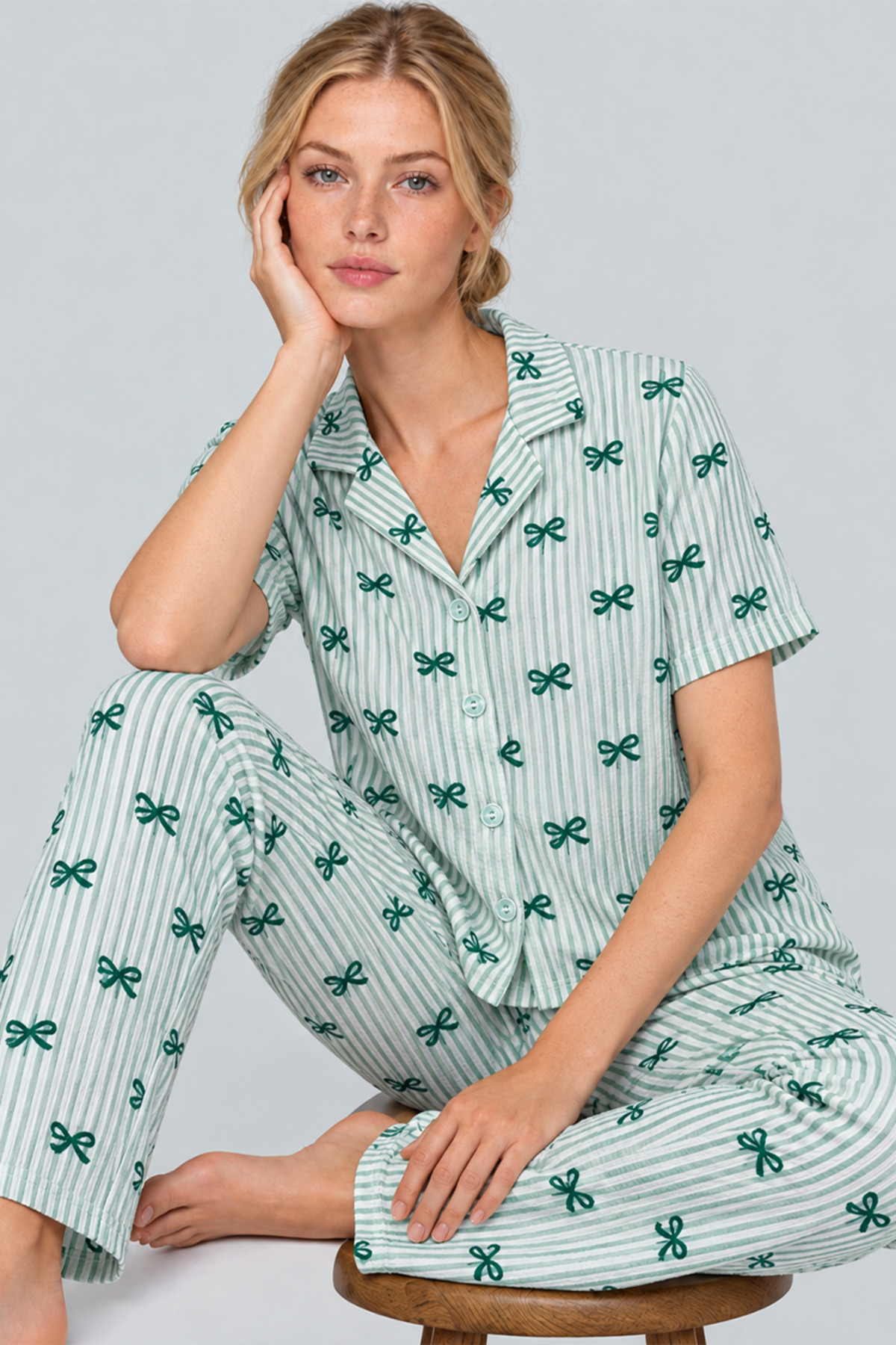 Kadın Desenli Yeşil Rahat Pijama Takımı 4800 4
