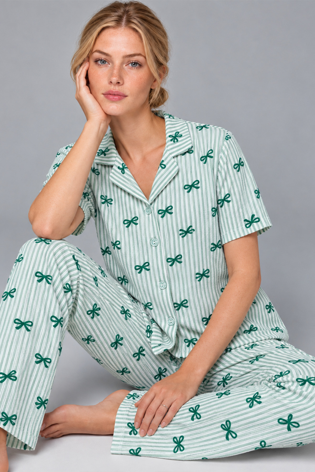 Kadın Desenli Yeşil Rahat Pijama Takımı 4800 6