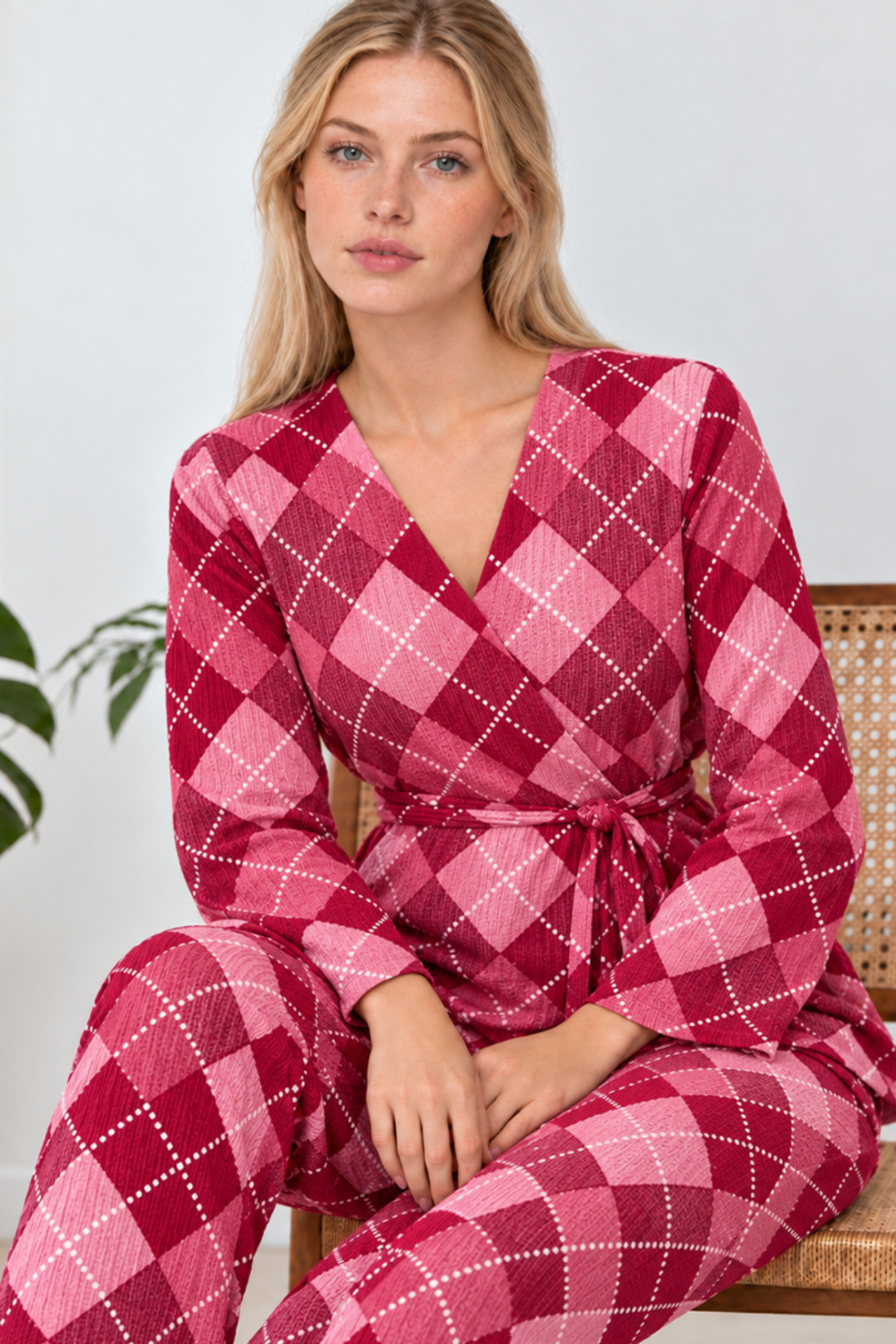Kadın Desenli Ev Stili Kuşaklı Pembe Pijama Takımı 4808 6