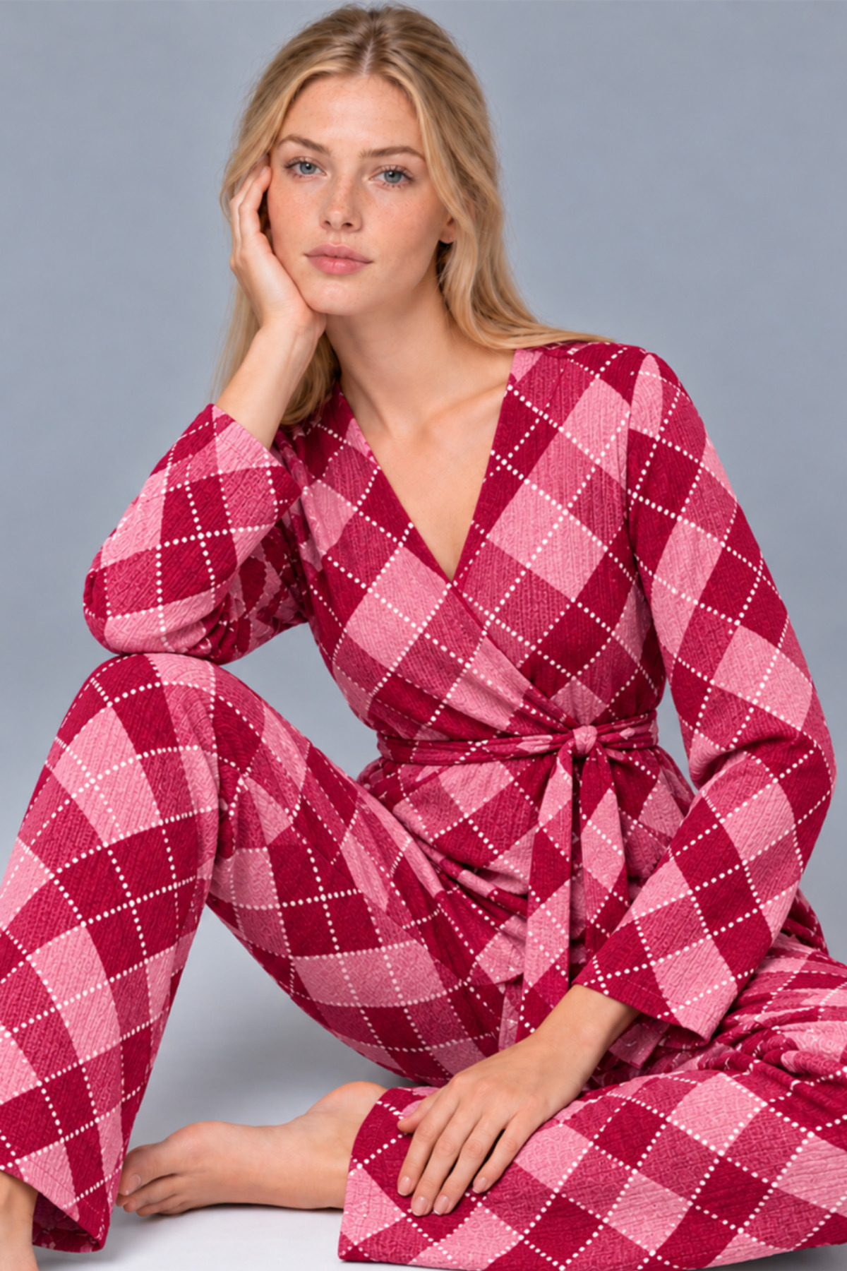 Kadın Desenli Ev Stili Kuşaklı Pembe Pijama Takımı 4808 5