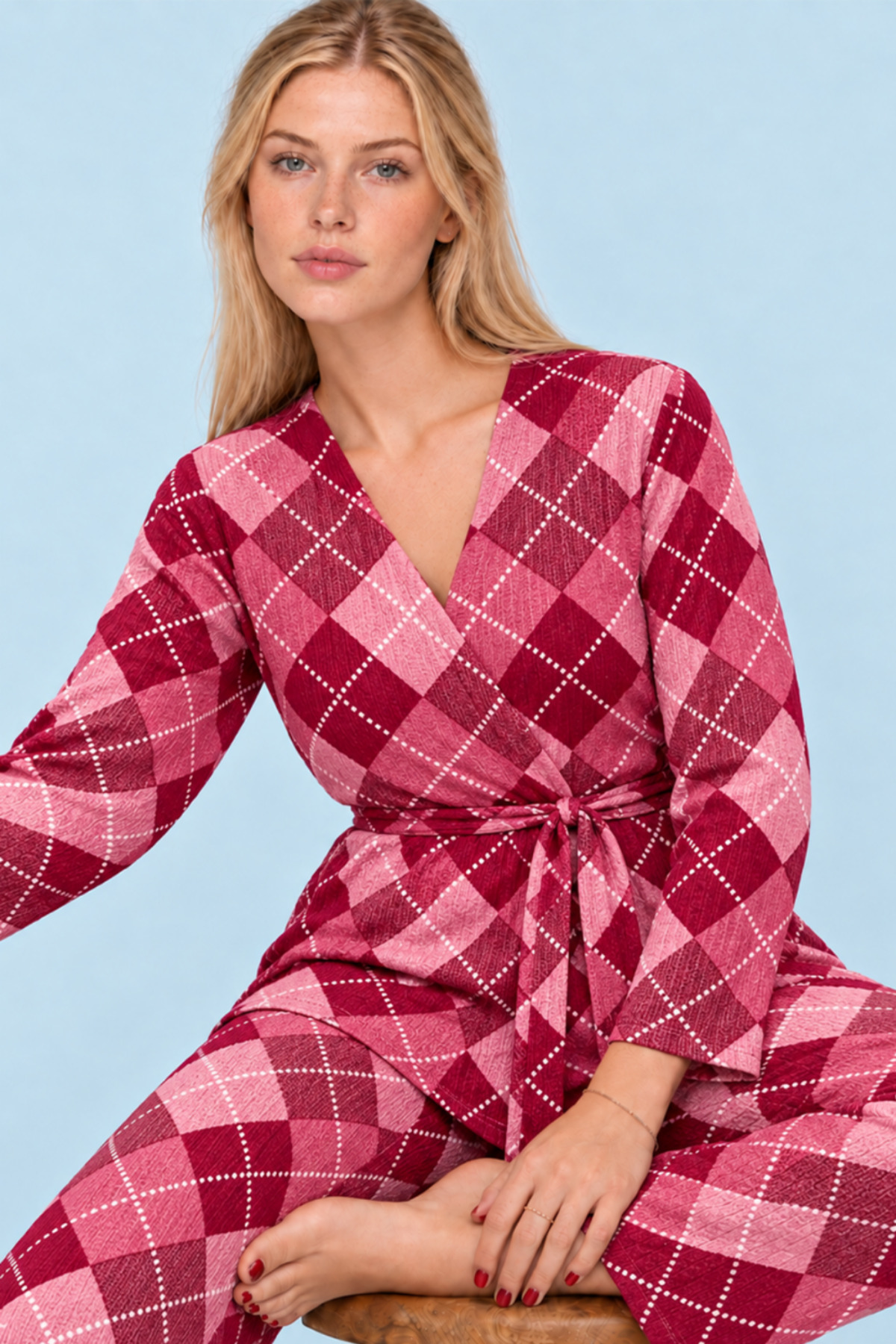 Kadın Desenli Ev Stili Kuşaklı Pembe Pijama Takımı 4808 4