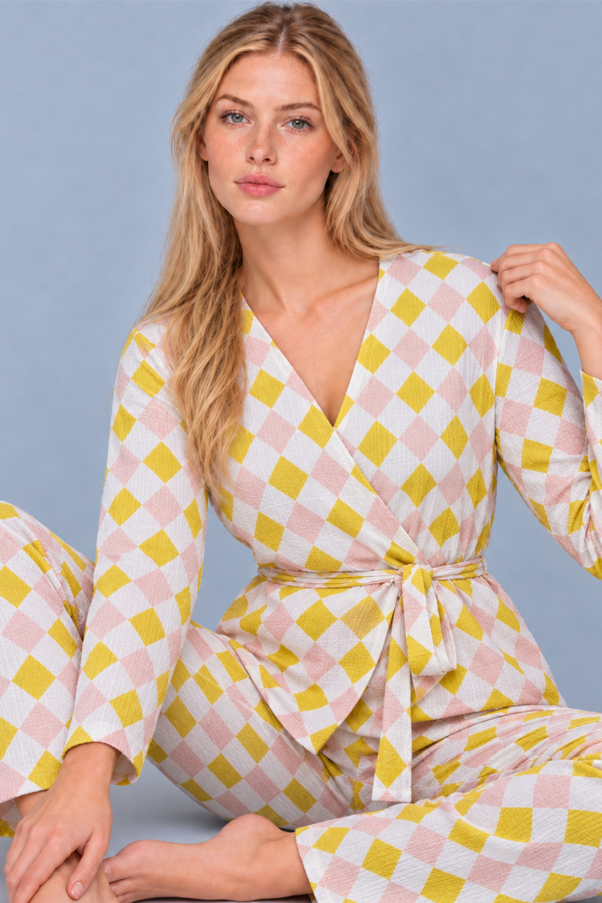 Kadın Desenli Ev Stili Kuşaklı Sarı Pijama Takımı 4807 3