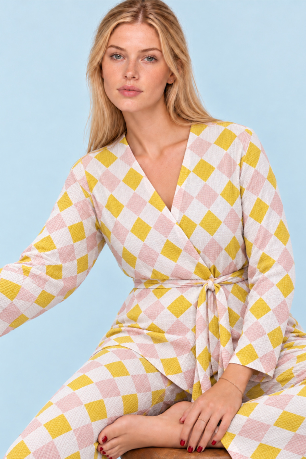 Kadın Desenli Ev Stili Kuşaklı Sarı Pijama Takımı 4807 6
