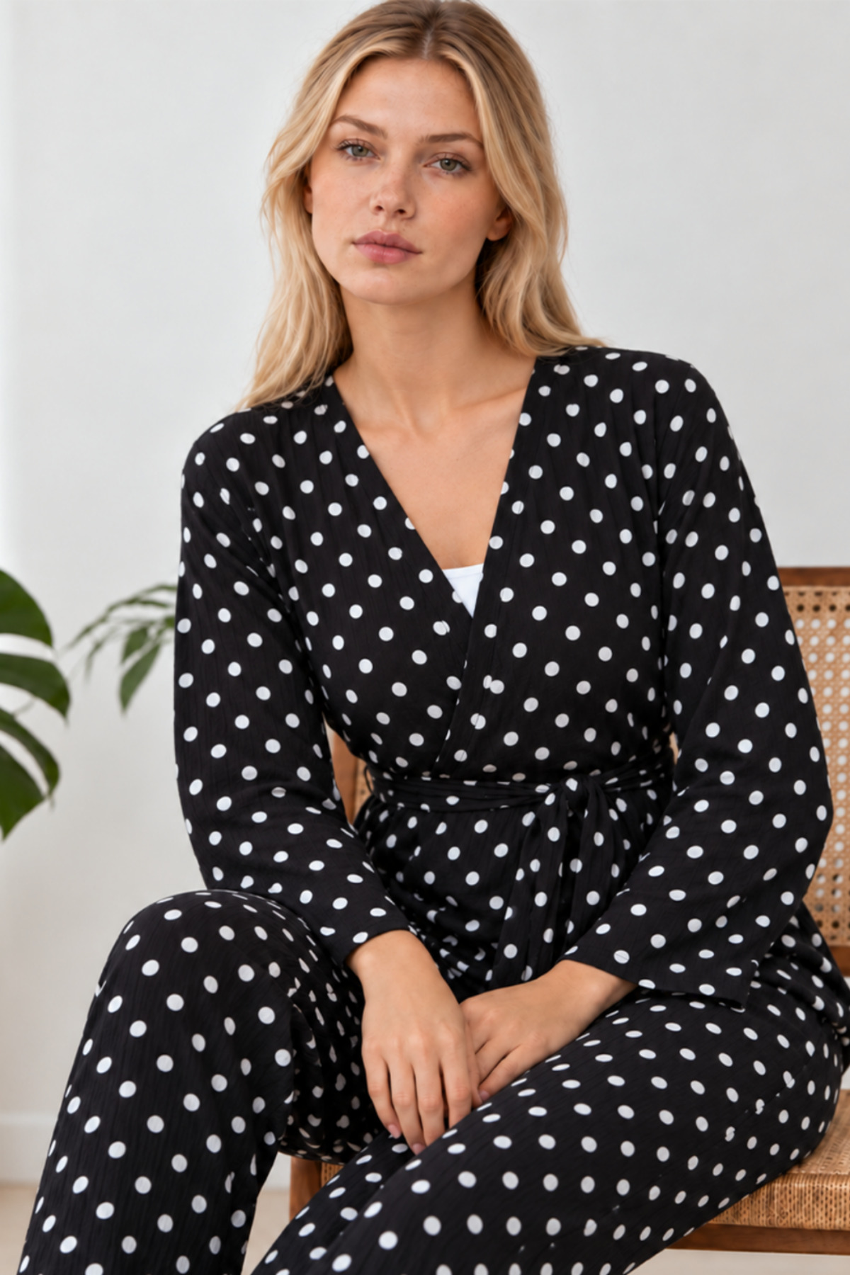 Kadın Desenli Ev Stili Kuşaklı Siyah Pijama Takımı 4806 6