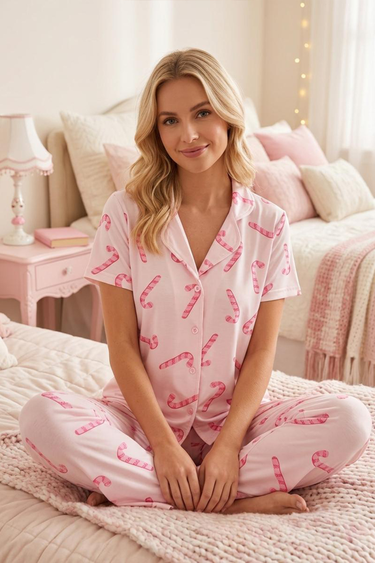 Baston Şeker Desenli milan kumaş Düğmeli Kısa Kollu Pijama Takımı 4587 açık pembe 3