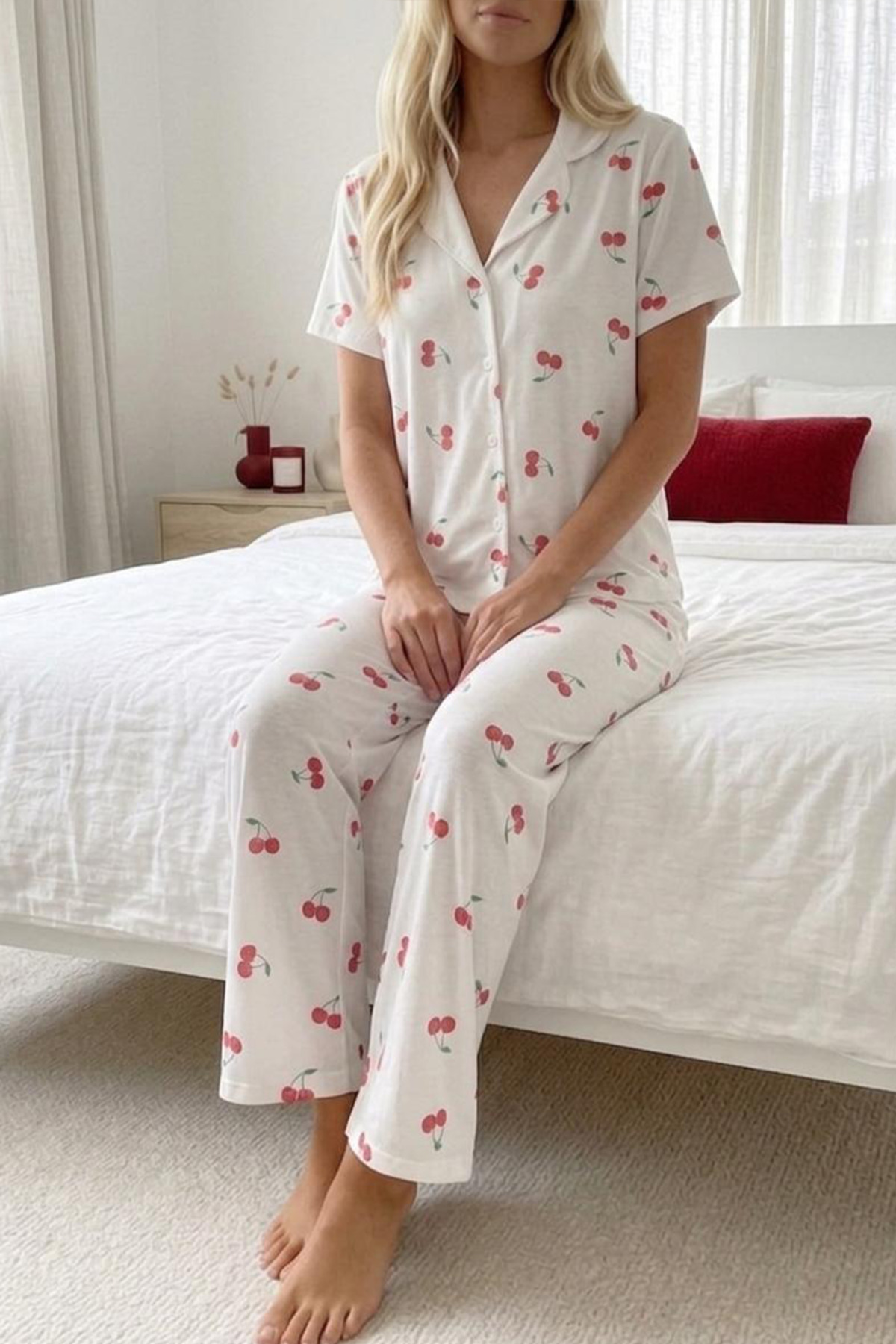 Kiraz Desenli Düğmeli Kısa Kollu Pijama Takımı 4589 Beyaz 3