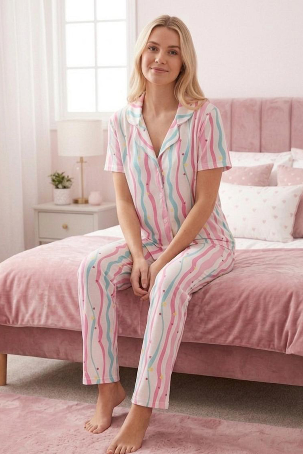 Yıldız Ve Kalp Desenli Renkli Çizgili Düğmeli Kısa Kollu Pijama Takımı 4592 Çok Renkli 3