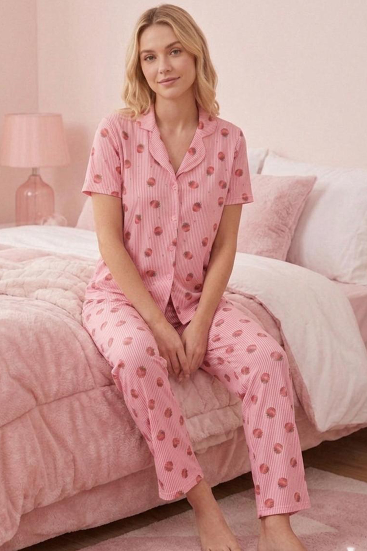 Çilek Desenli Düğmeli Kısa Kollu Pijama Takımı 4588 PEMBE 4