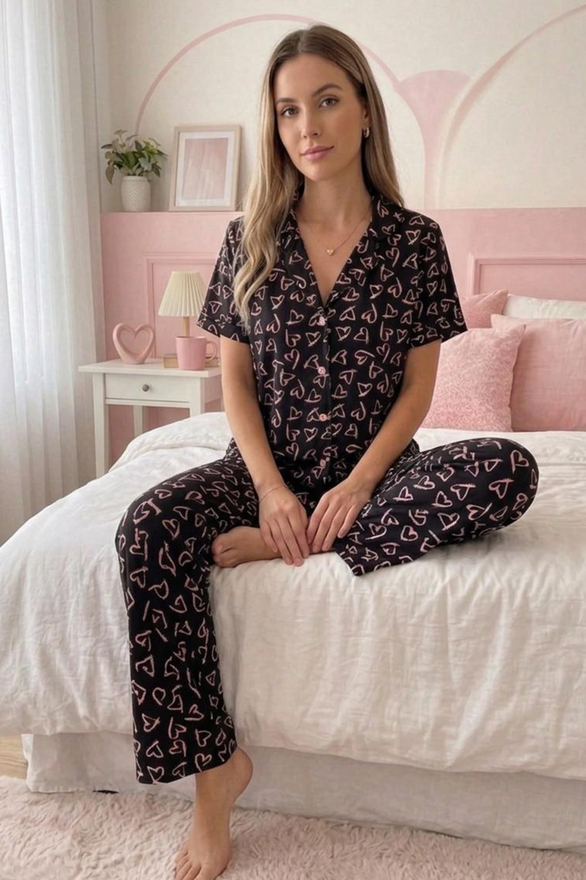 Siyah Kalp Desenli Düğmeli Kısa Kollu Pijama Takımı 4590 3