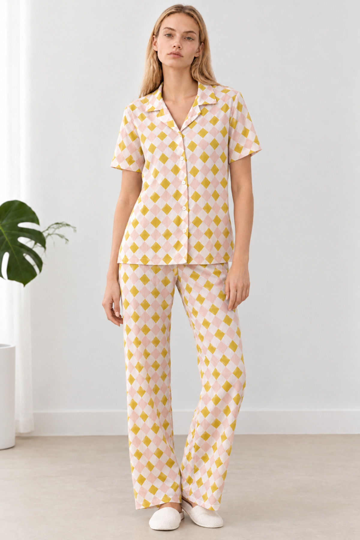 Kadın Desenli Çok Renkli Kısa Kollu Pijama Takımı 4861 5