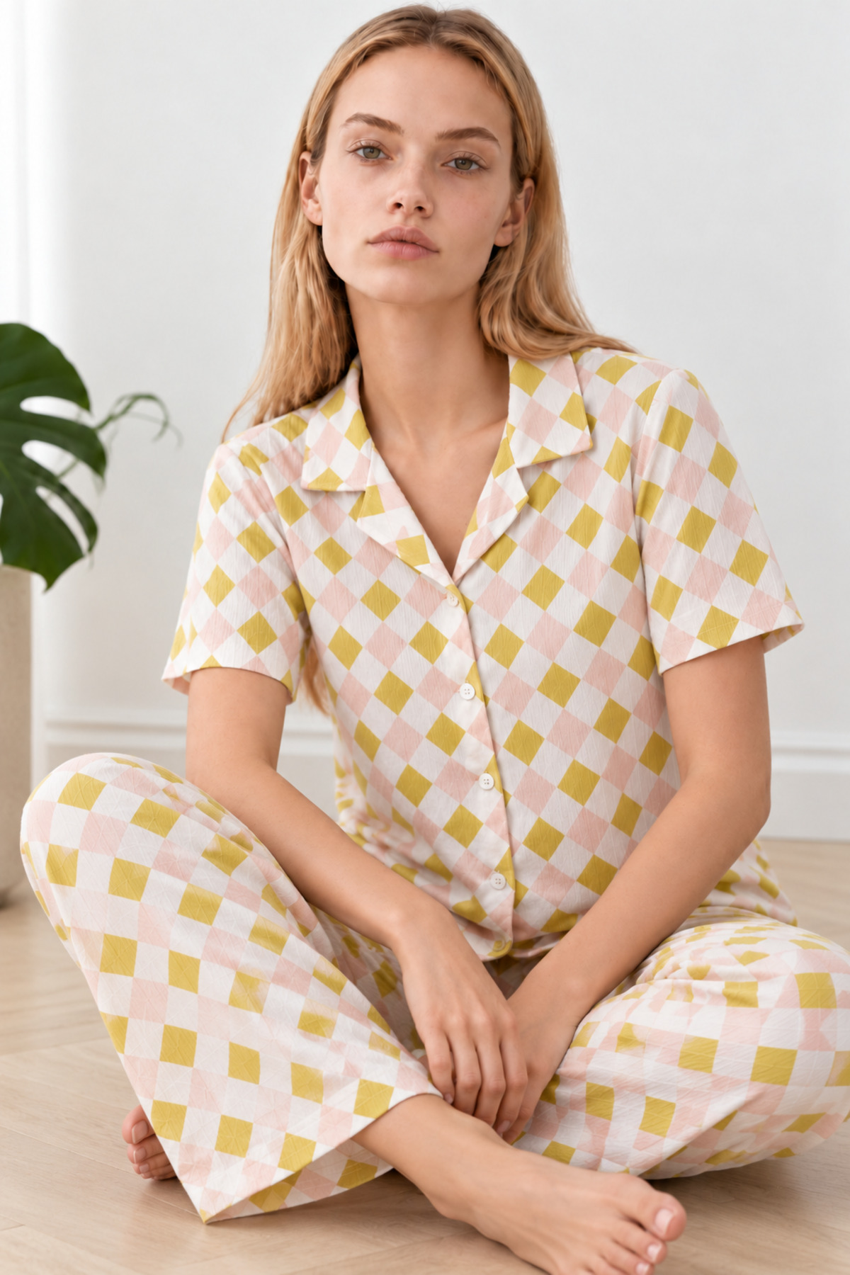 Kadın Desenli Çok Renkli Kısa Kollu Pijama Takımı 4861 4