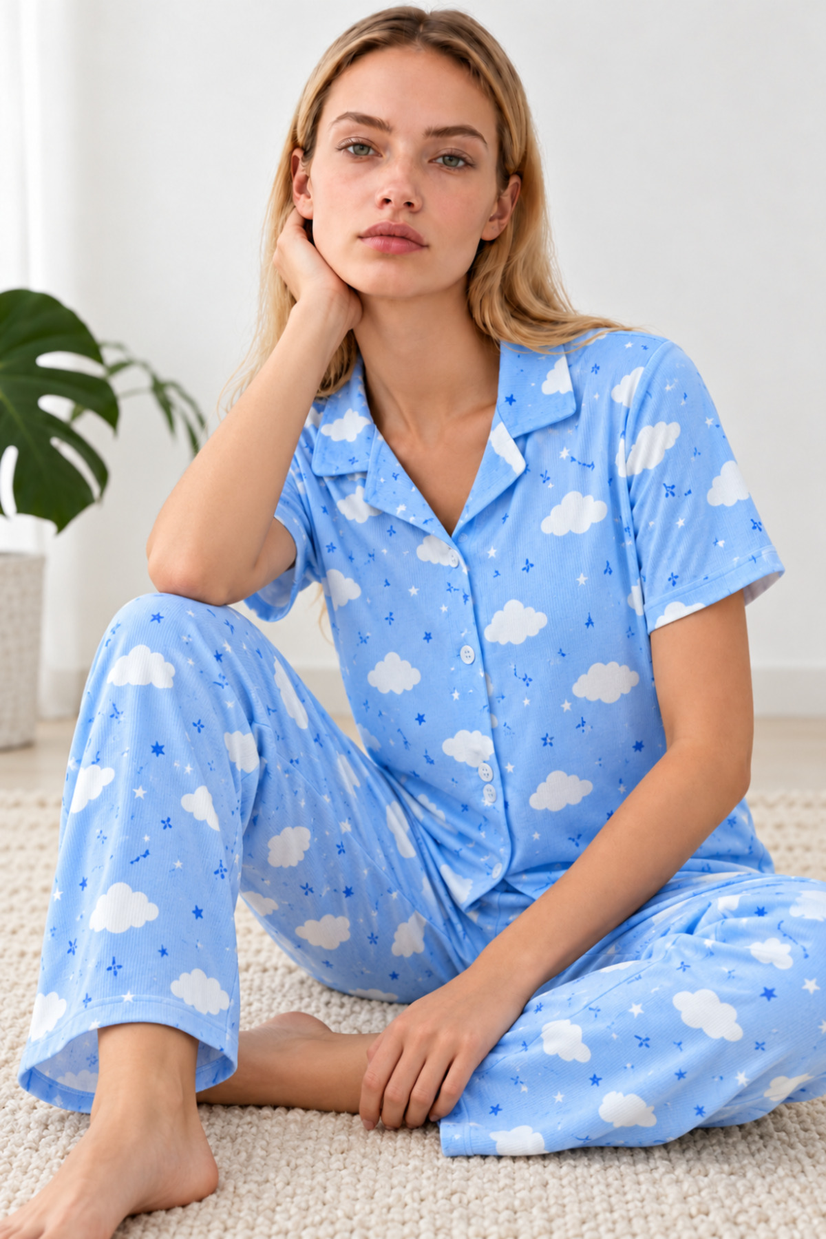 Kadın Desenli Mavi Kısa Kollu Pijama Takımı 4832 4