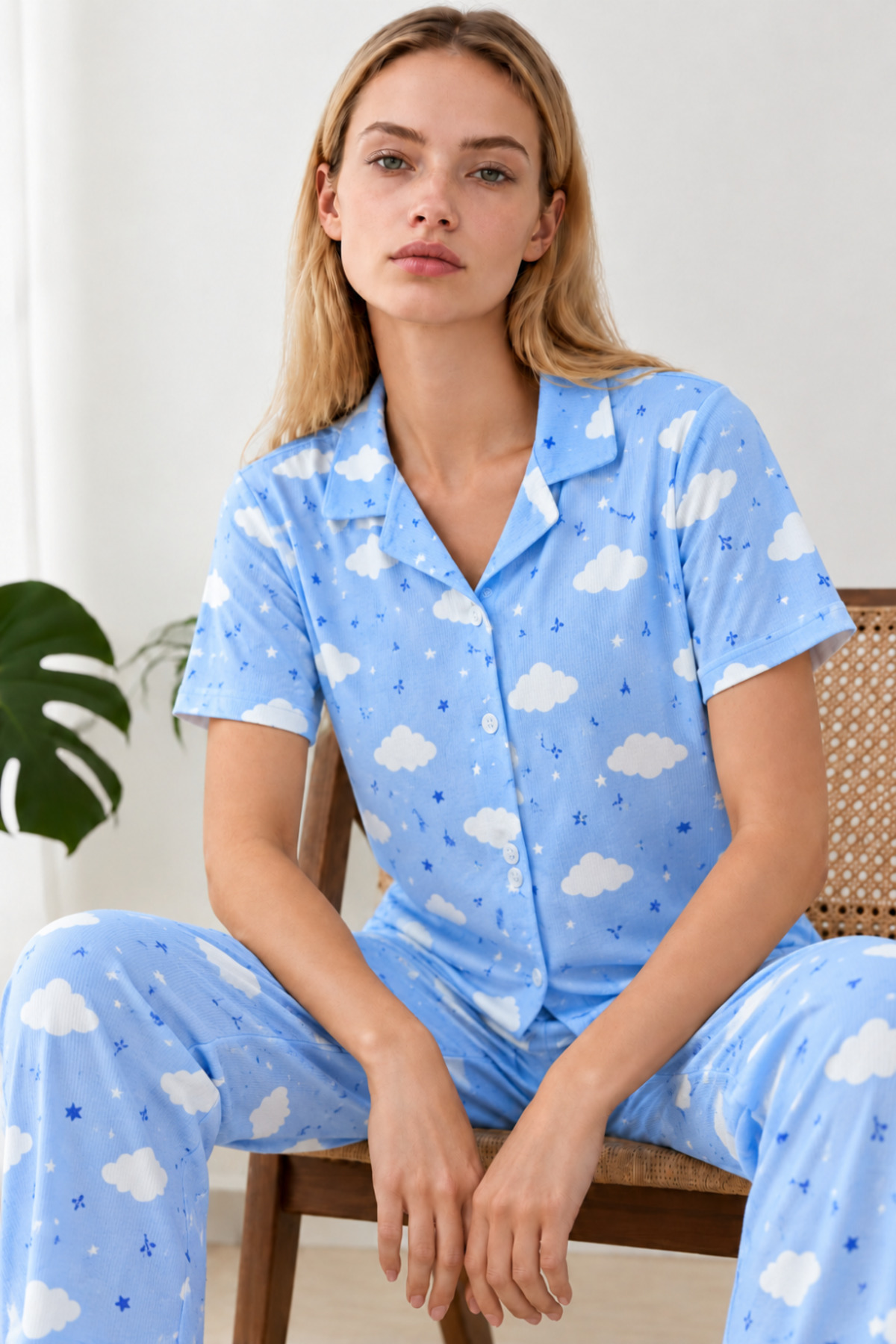 Kadın Desenli Mavi Kısa Kollu Pijama Takımı 4832 6