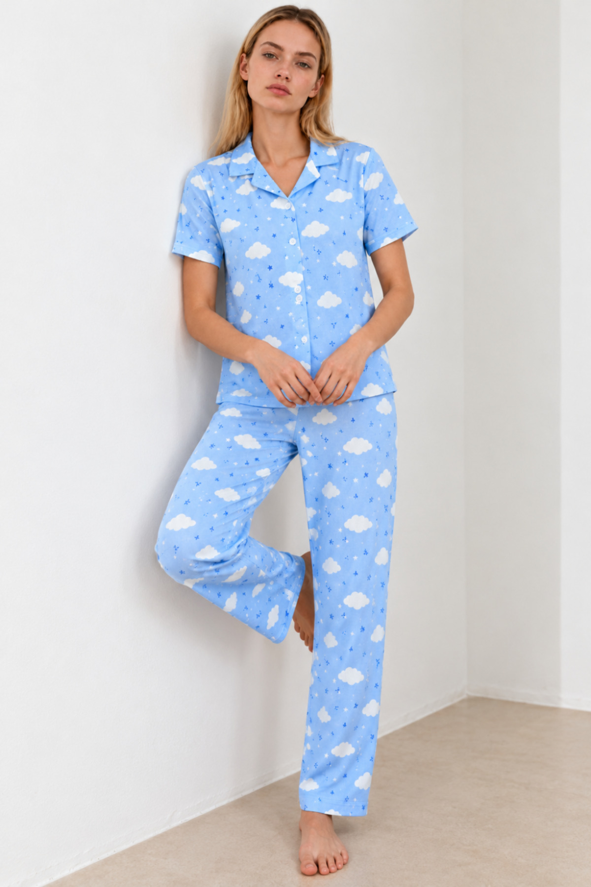 Kadın Desenli Mavi Kısa Kollu Pijama Takımı 4832 5