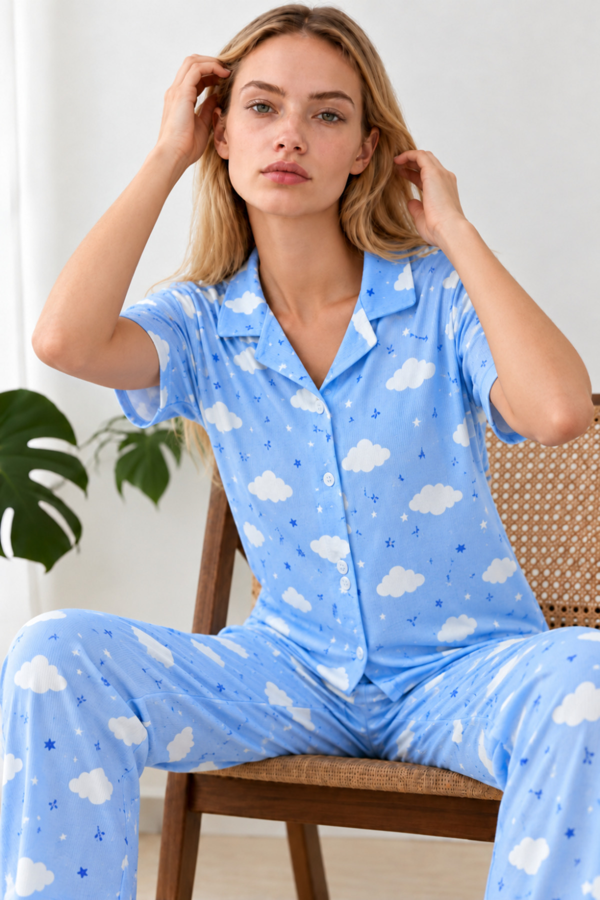 Kadın Desenli Mavi Kısa Kollu Pijama Takımı 4832 3
