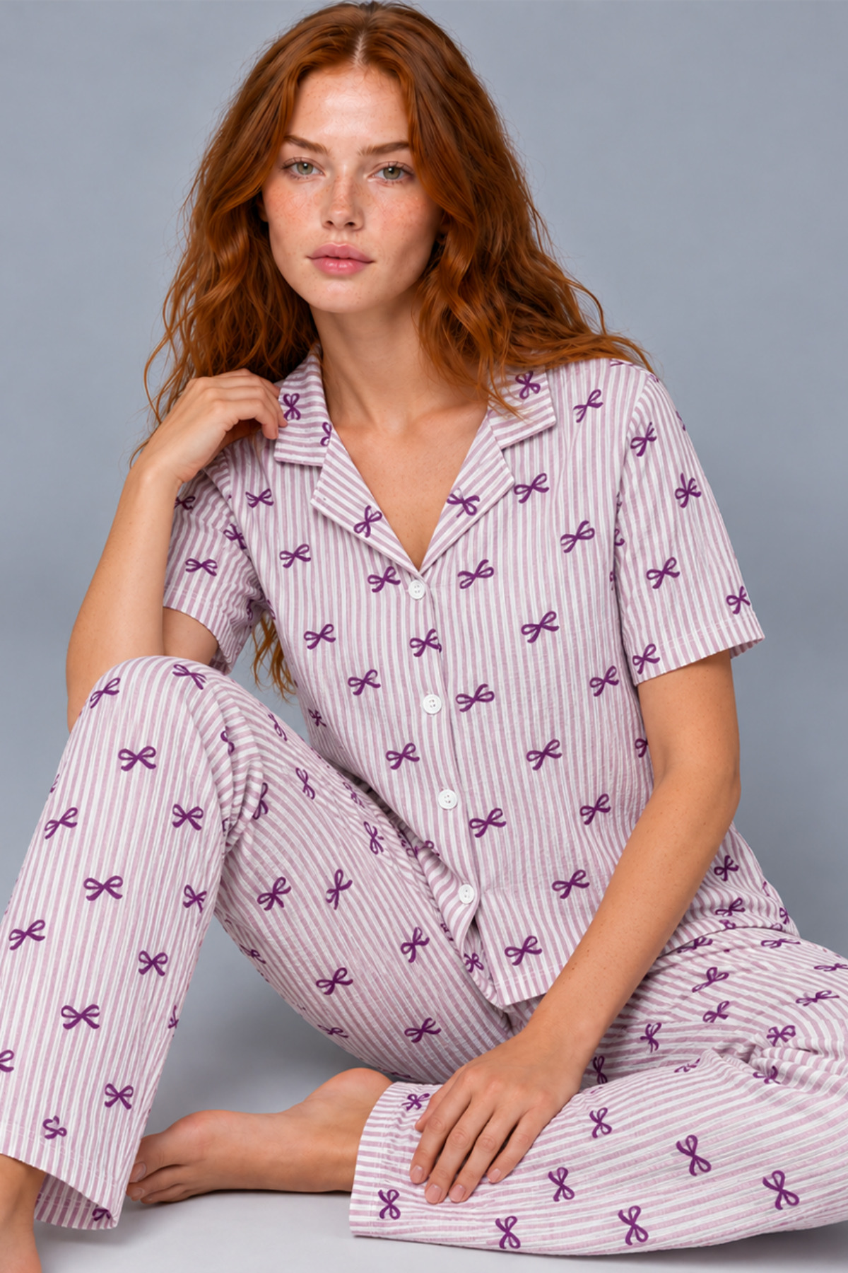 Kadın Çizgili Fiyonk Desenli Mor Kısa Kollu Pijama Takımı 4811 5