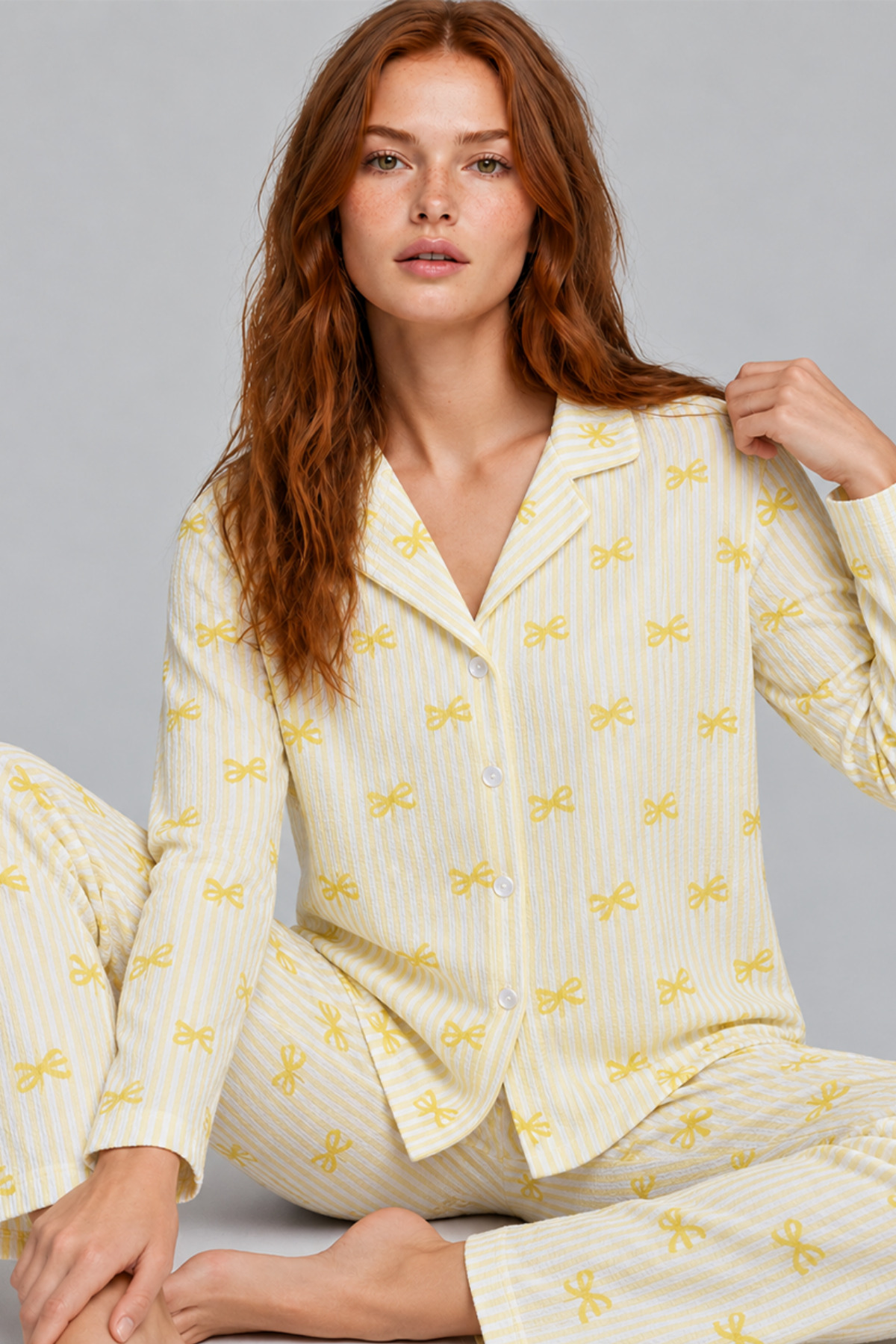 Kadın Çizgili Fiyonk Desenli Sarı Uzun Kollu Pijama Takımı 4796 6