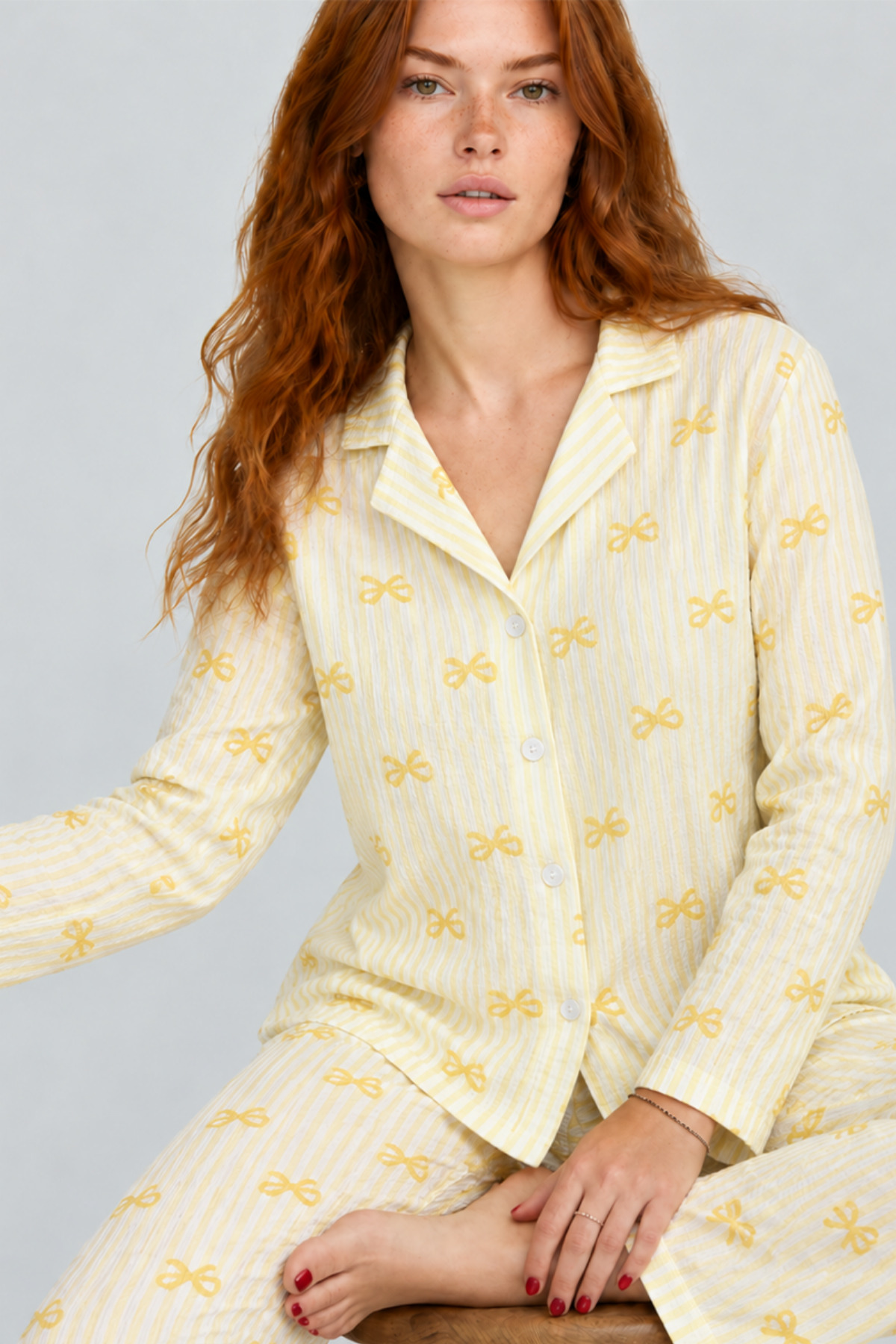 Kadın Çizgili Fiyonk Desenli Sarı Uzun Kollu Pijama Takımı 4796 5
