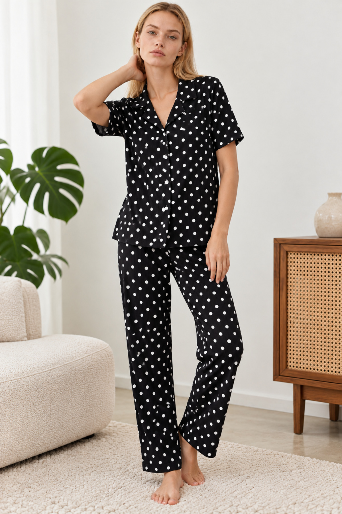 Kadın Desenli Siyah Kısa Kollu Pijama Takımı 4813 4