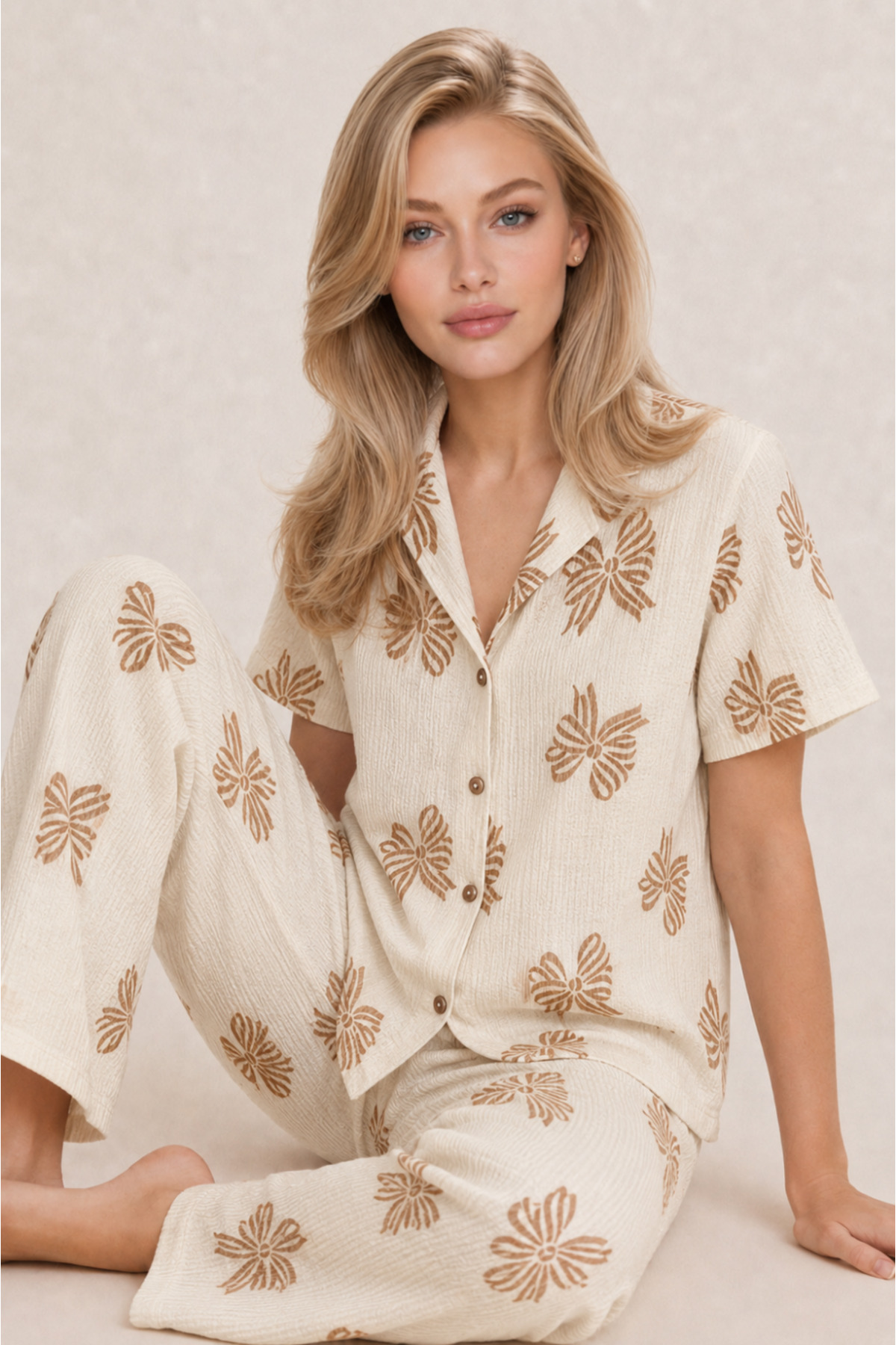 Kadın Kısa Kol Desenli Ekru Pijama Takımı 4739 4