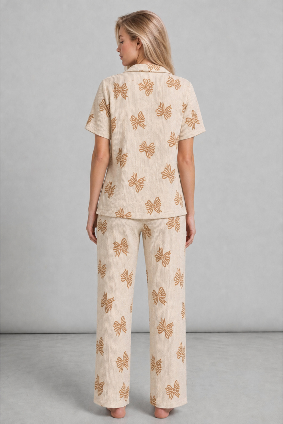 Kadın Kısa Kol Desenli Ekru Pijama Takımı 4739 3