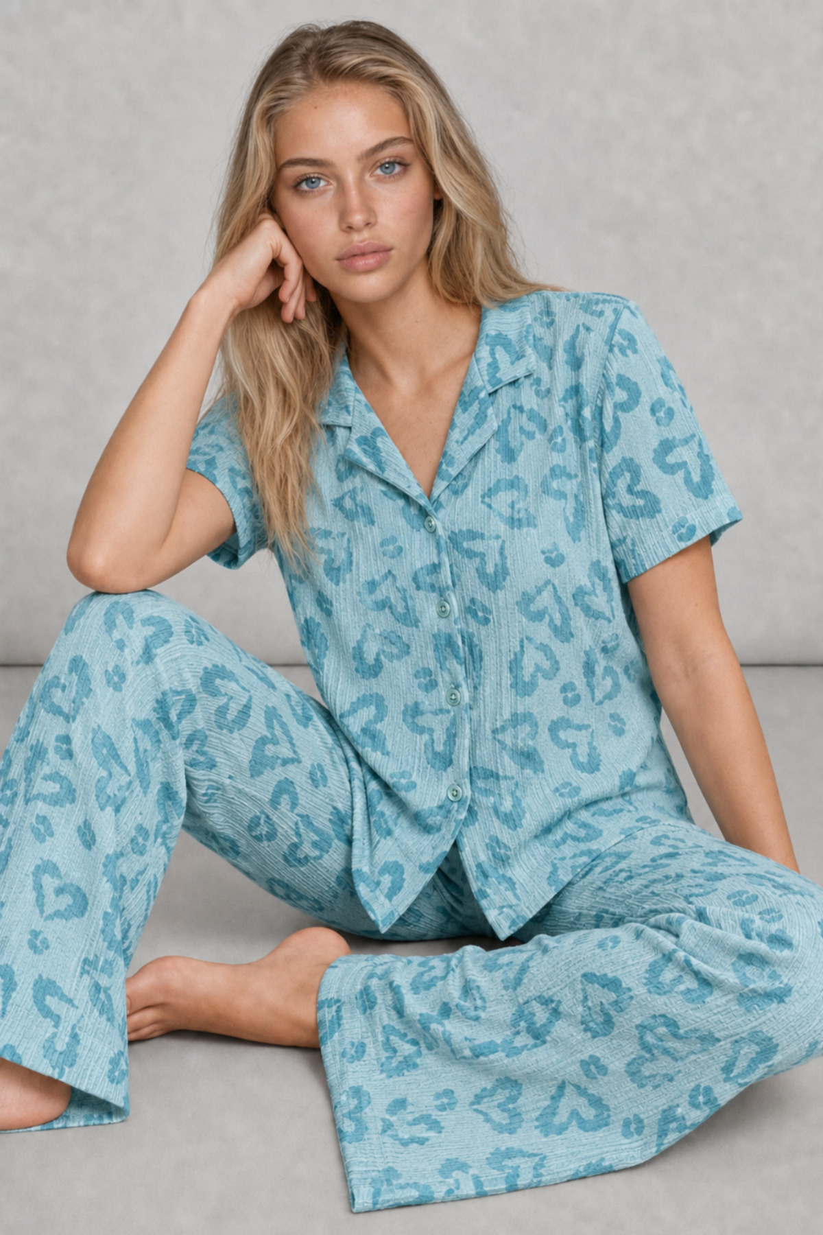 Kadın Kısa Kol Desenli Mint Yeşili Pijama Takımı 4740 3