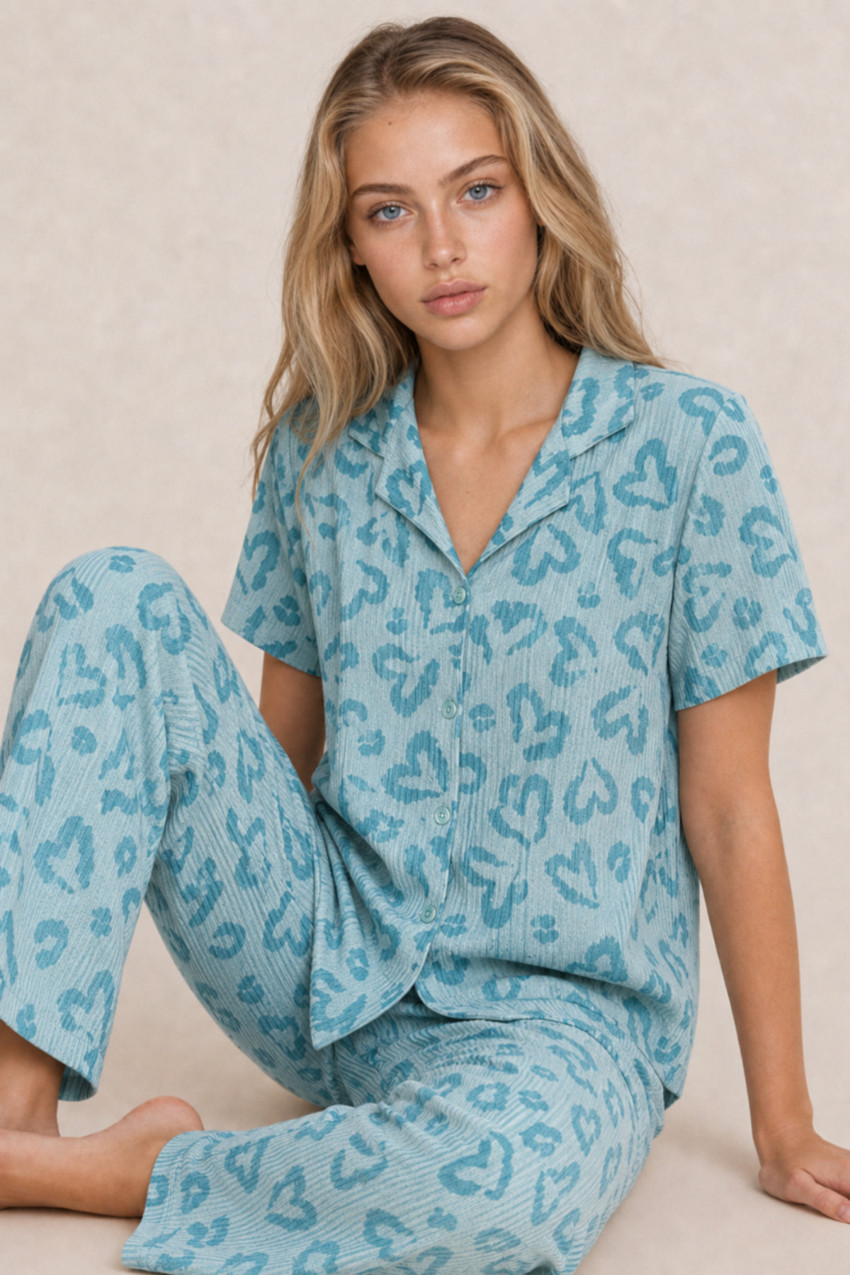 Kadın Kısa Kol Desenli Mint Yeşili Pijama Takımı 4740 4