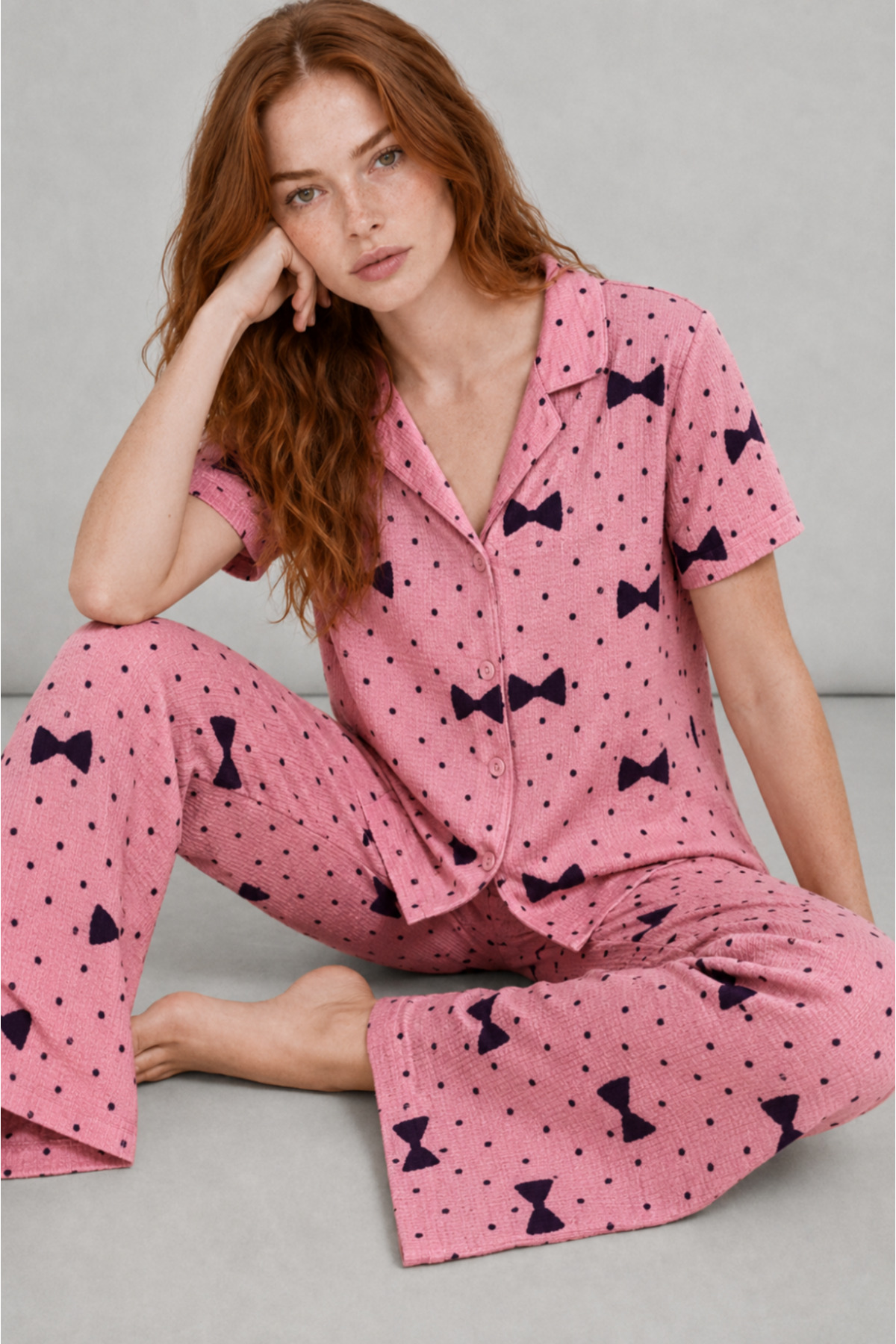 Kadın Kısa Kol Desenli Pembe Pijama Takımı 4729 3