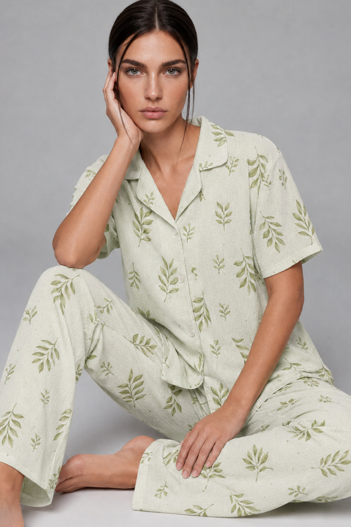 Kadın Kısa Kol Desenli Yeşil Pijama Takımı 4733 3