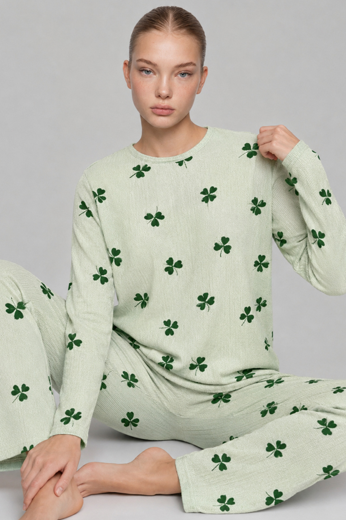 Kadın Bol Paça Relaxed Yeşil Pijama Takımı 4700 3