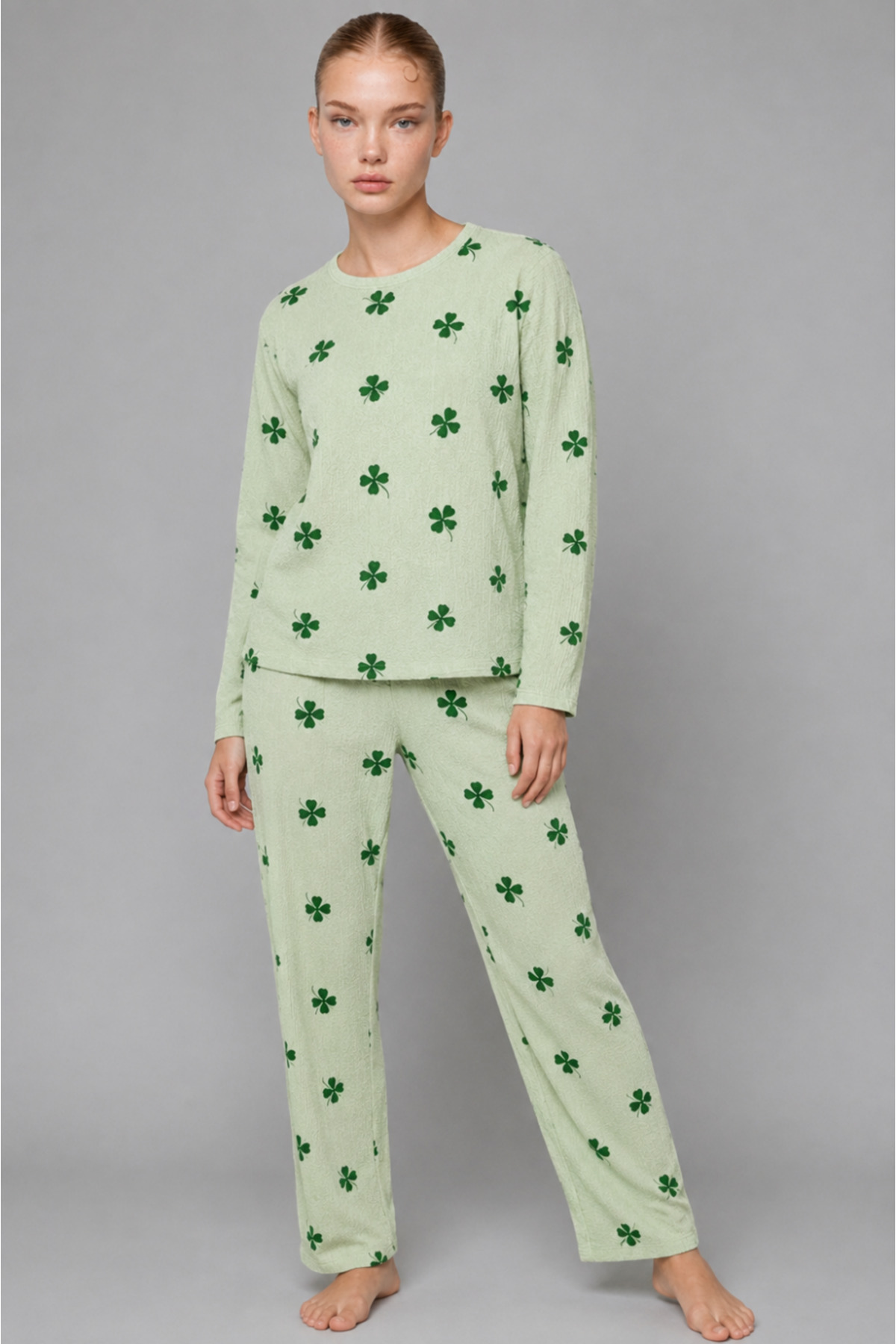 Kadın Bol Paça Relaxed Yeşil Pijama Takımı 4700 5