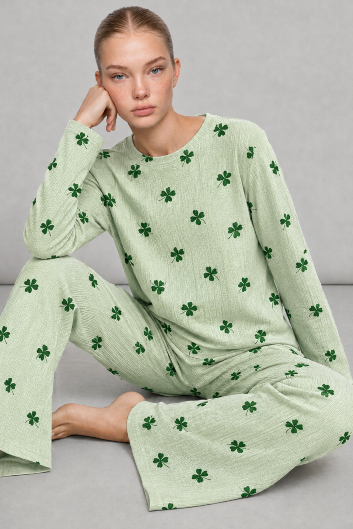 Kadın Bol Paça Relaxed Yeşil Pijama Takımı 4700 4