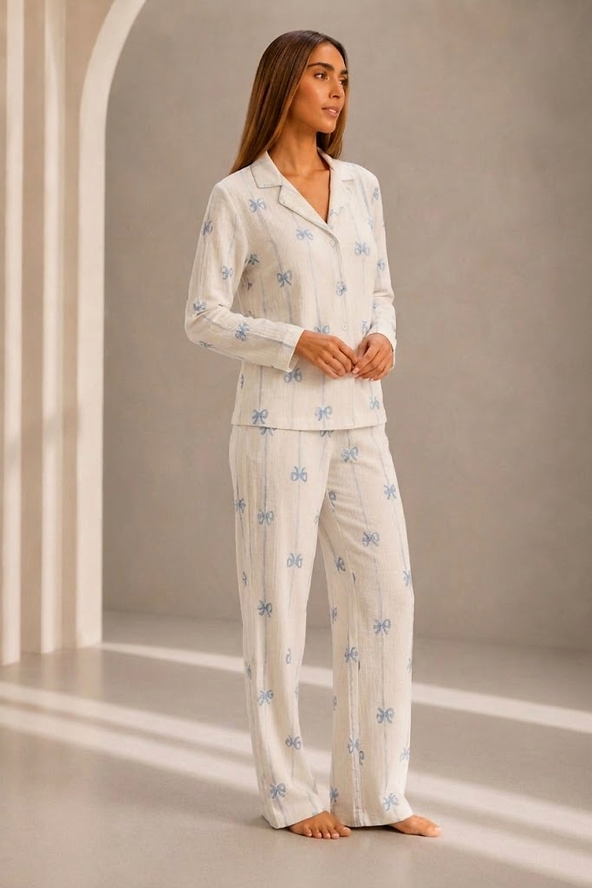 Kadın Önden Düğmeli Uzun Kollu Alt Üst Beyaz Pijama Takımı 4