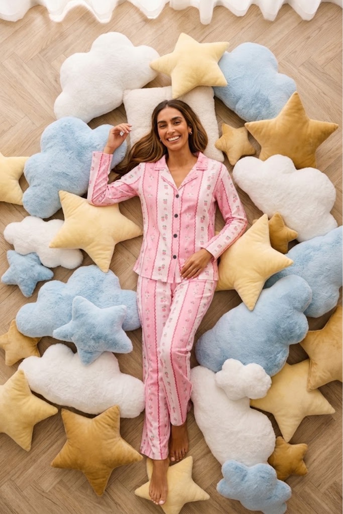 Kadın Önden Düğmeli Uzun Kollu Alt Üst Pembe Pijama Takımı 3