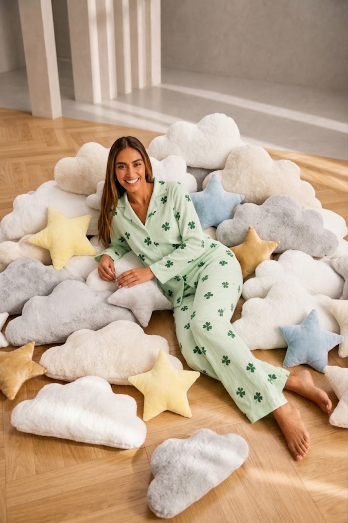 Kadın Önden Düğmeli Uzun Kollu Alt Üst Yeşil Pijama Takımı 3