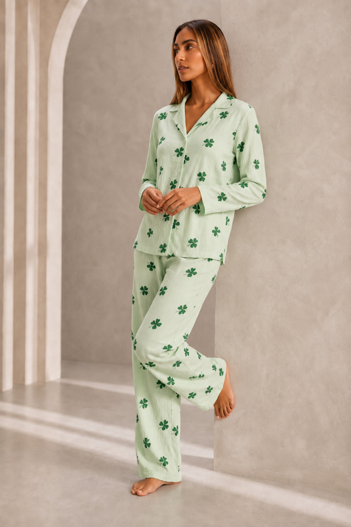 Kadın Önden Düğmeli Uzun Kollu Alt Üst Yeşil Pijama Takımı 6