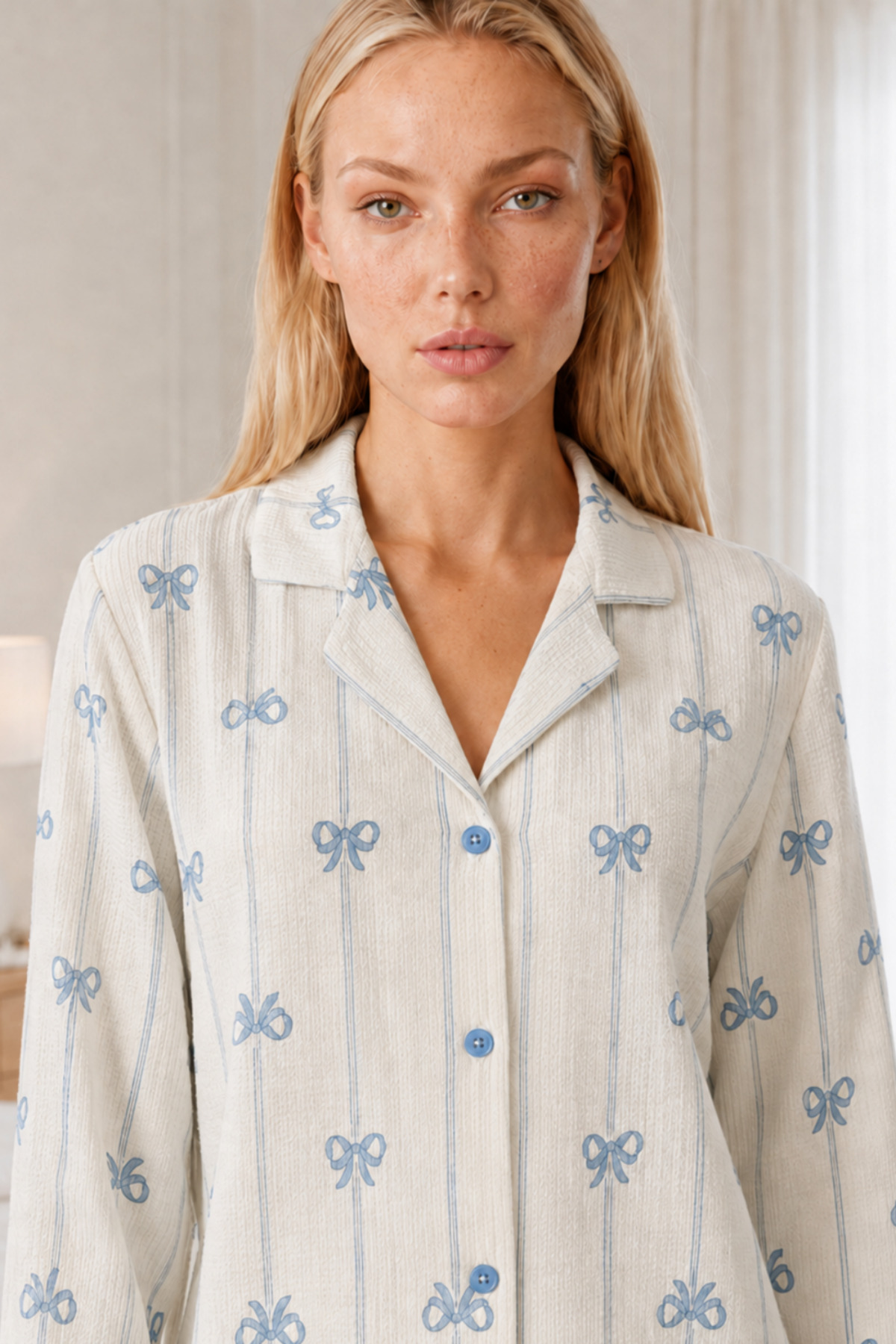 Kadın Desenli Relaxed Beyaz Pijama Takımı 4661 3