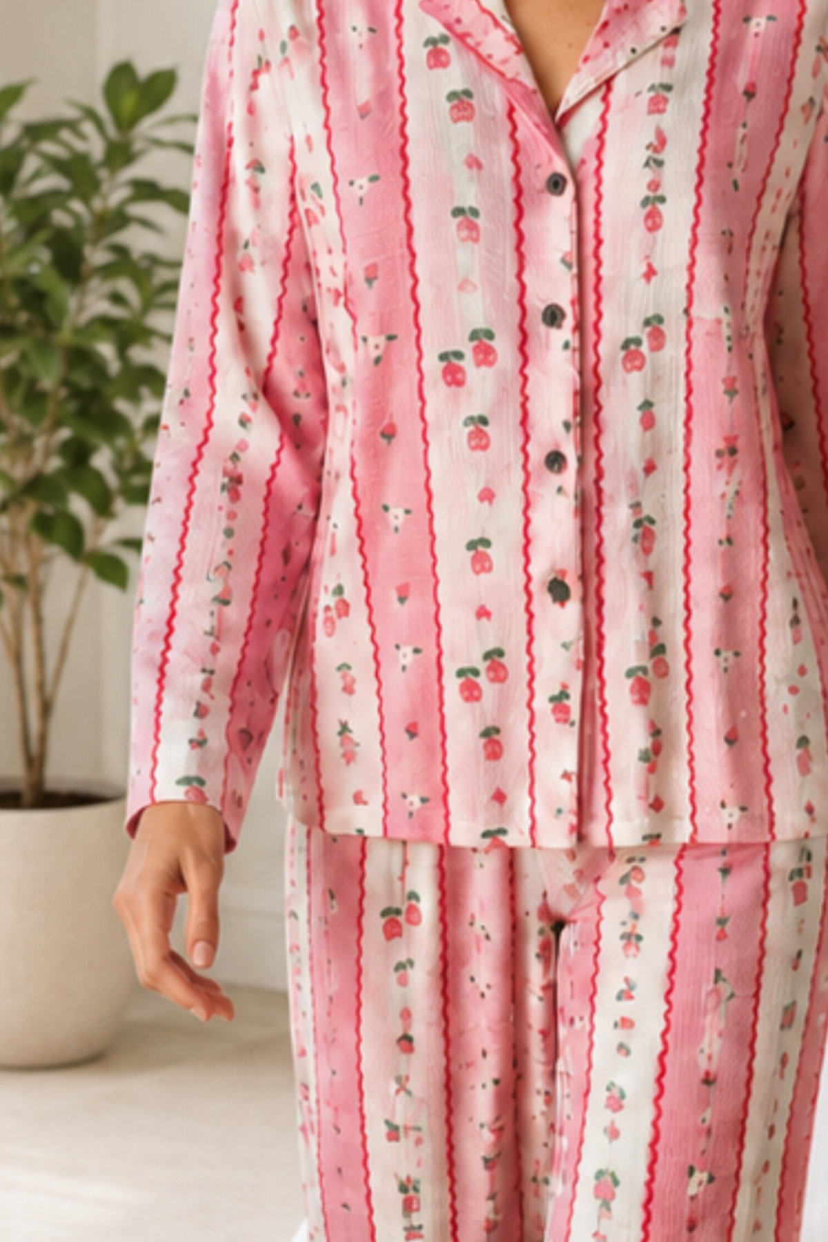 Kadın Desenli Relaxed Pembe Pijama Takımı 4658 5