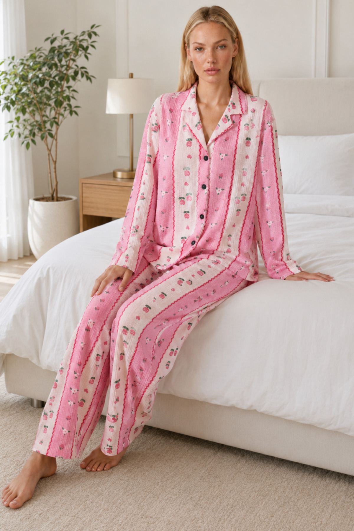 Kadın Desenli Relaxed Pembe Pijama Takımı 4658 3