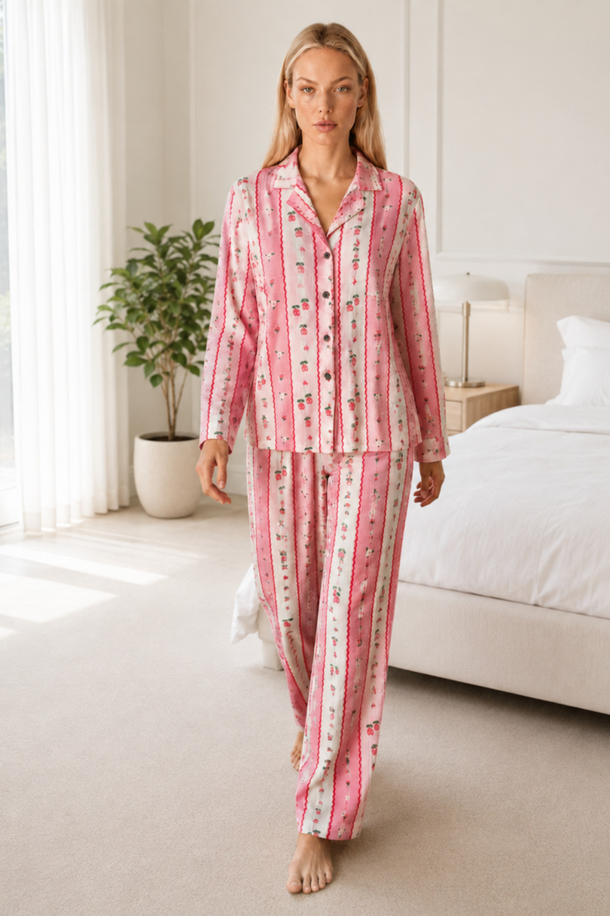 Kadın Desenli Relaxed Pembe Pijama Takımı 4658 4