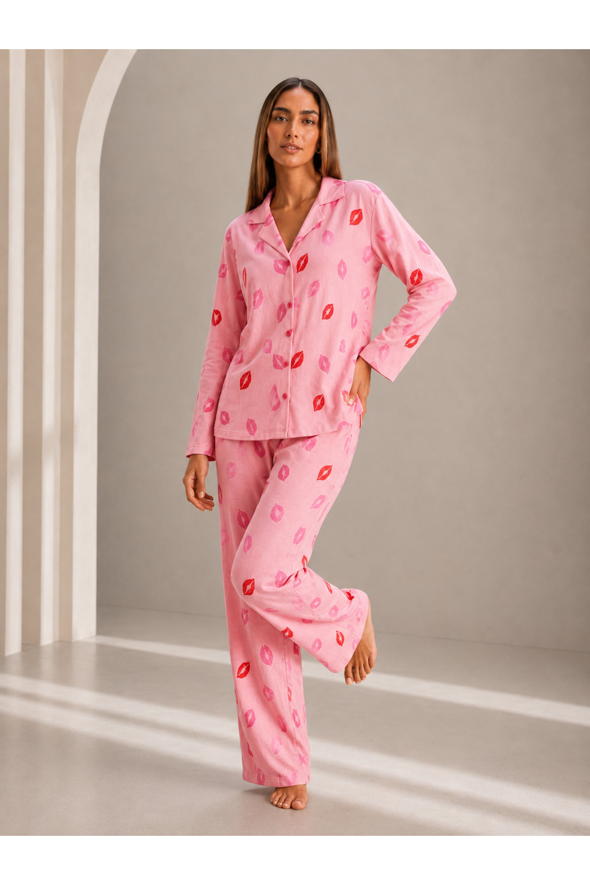 Kadın Önden Düğmeli Uzun Kollu Pembe Pijama Takımı 5