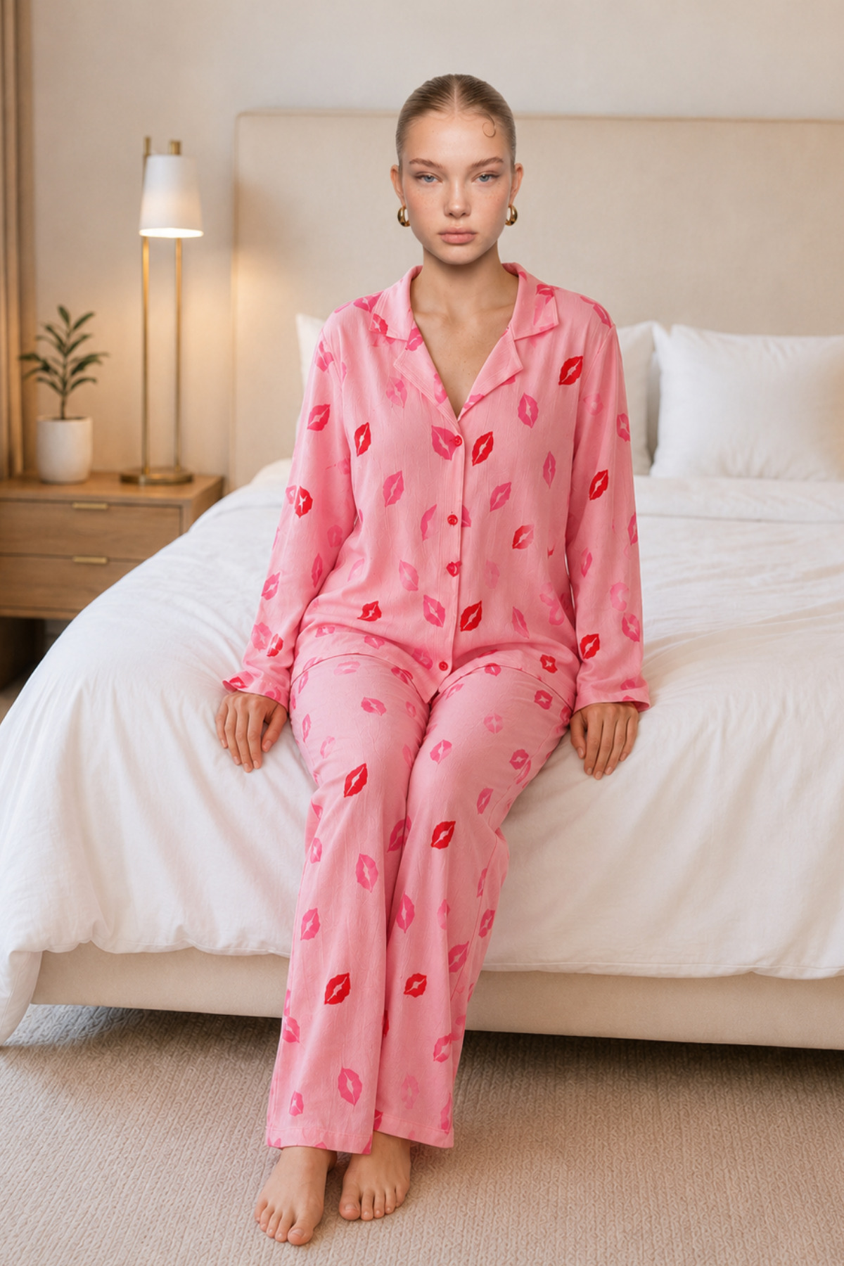 Kadın Dudak Desenli Pembe Pijama Takımı 4677 3