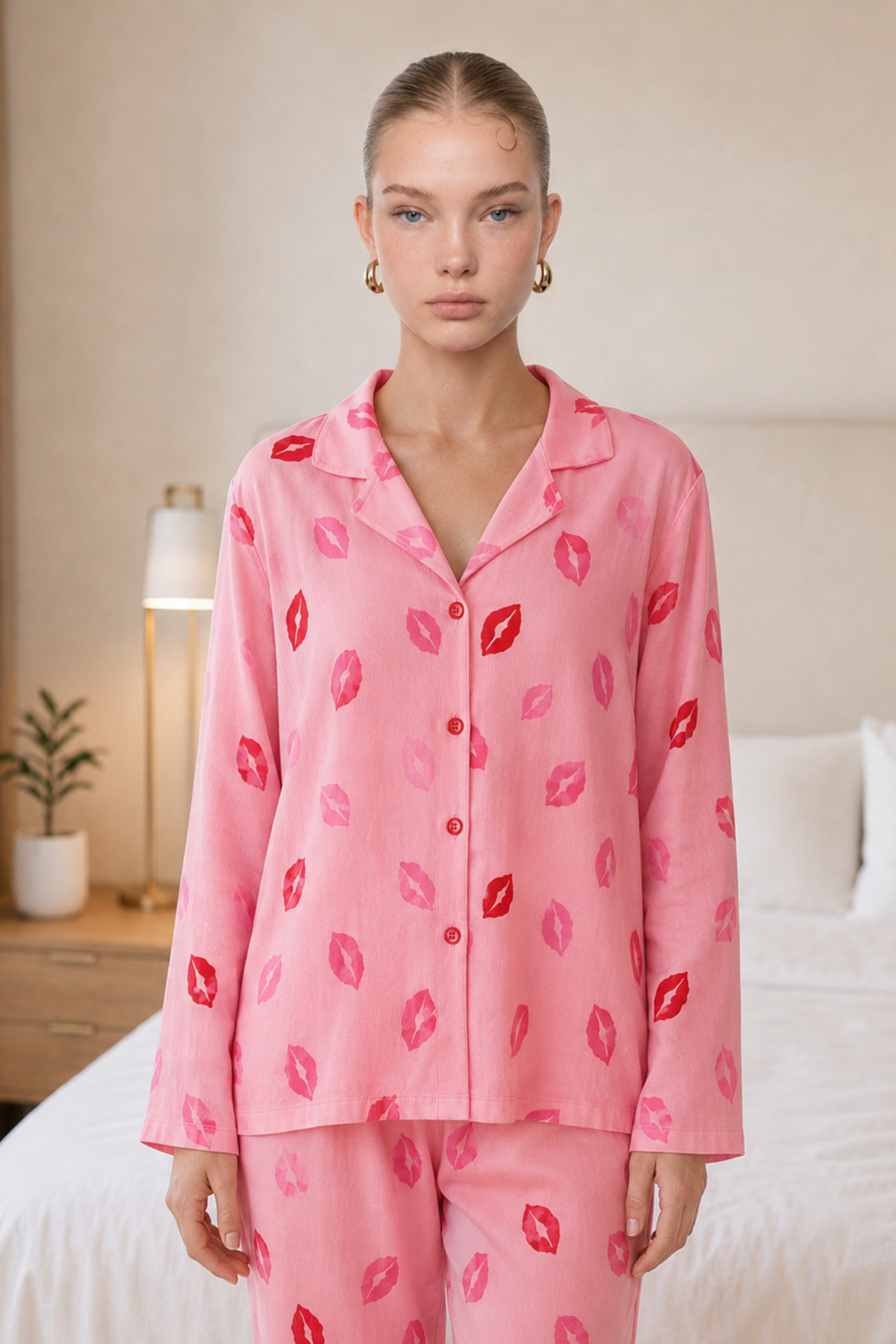 Kadın Dudak Desenli Pembe Pijama Takımı 4677 4