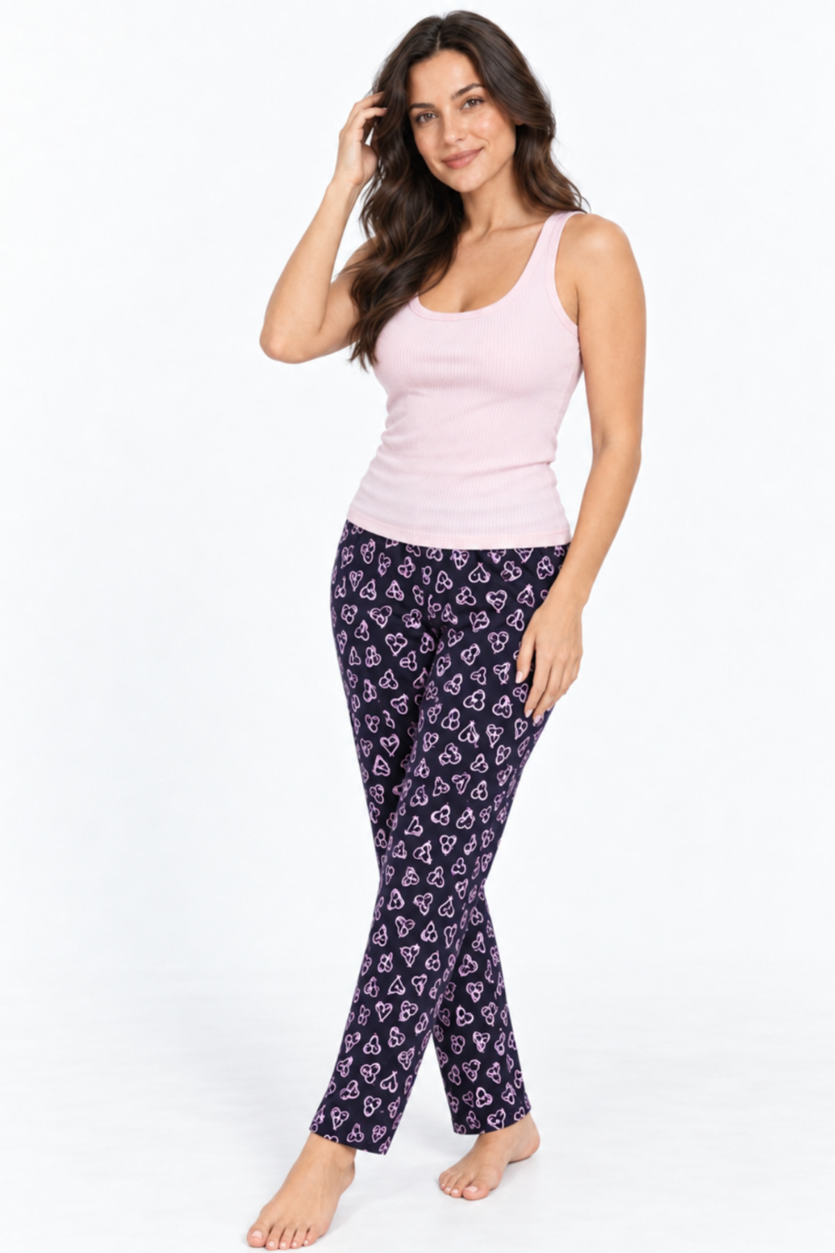 Kadın Trend Günlük Bluz Pembe Desenli Pijama Takımı 5